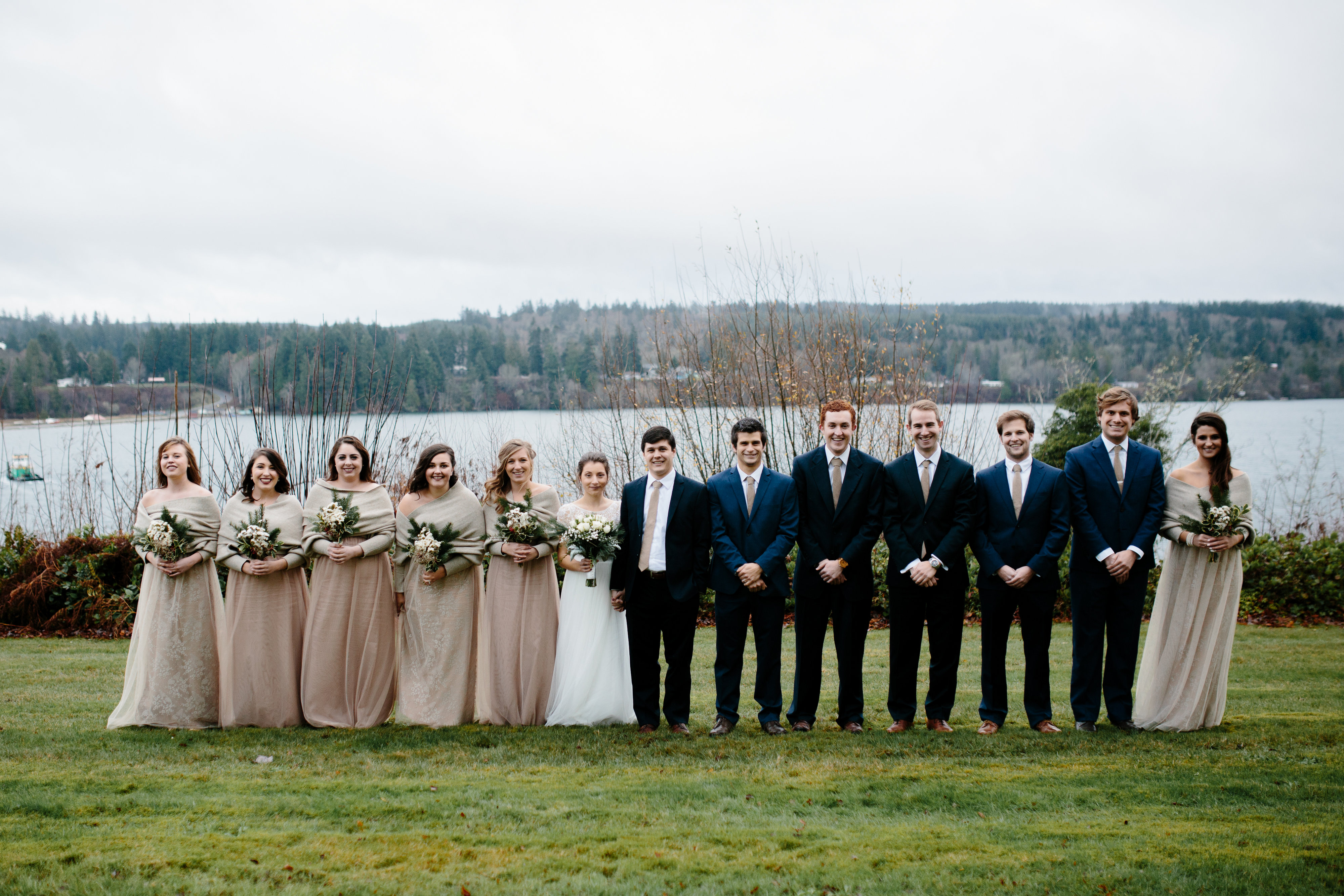 Port Gamble navy and nude winter wedding party