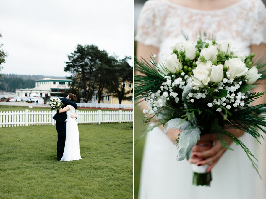 port gamble first look and green and white bridal bouquet
