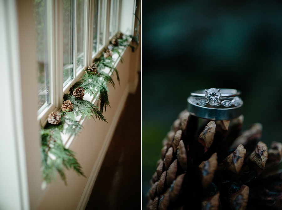 diamond green and pine cone winter wedding