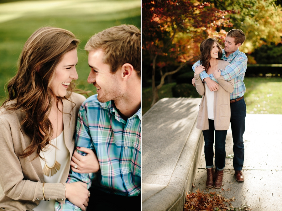 couple looking at each other fall engagement 