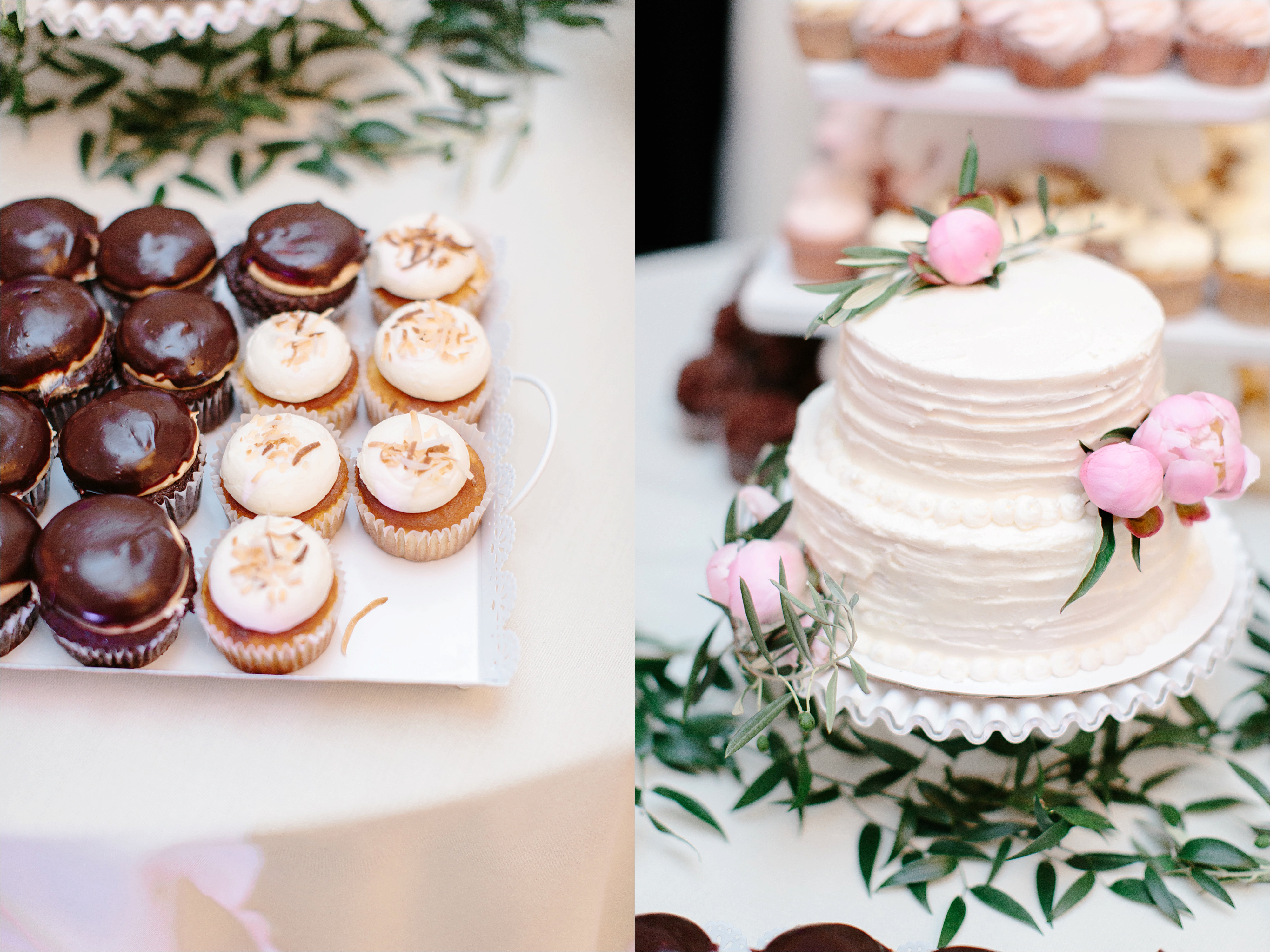 pink and white wedding cake decorated with greenery