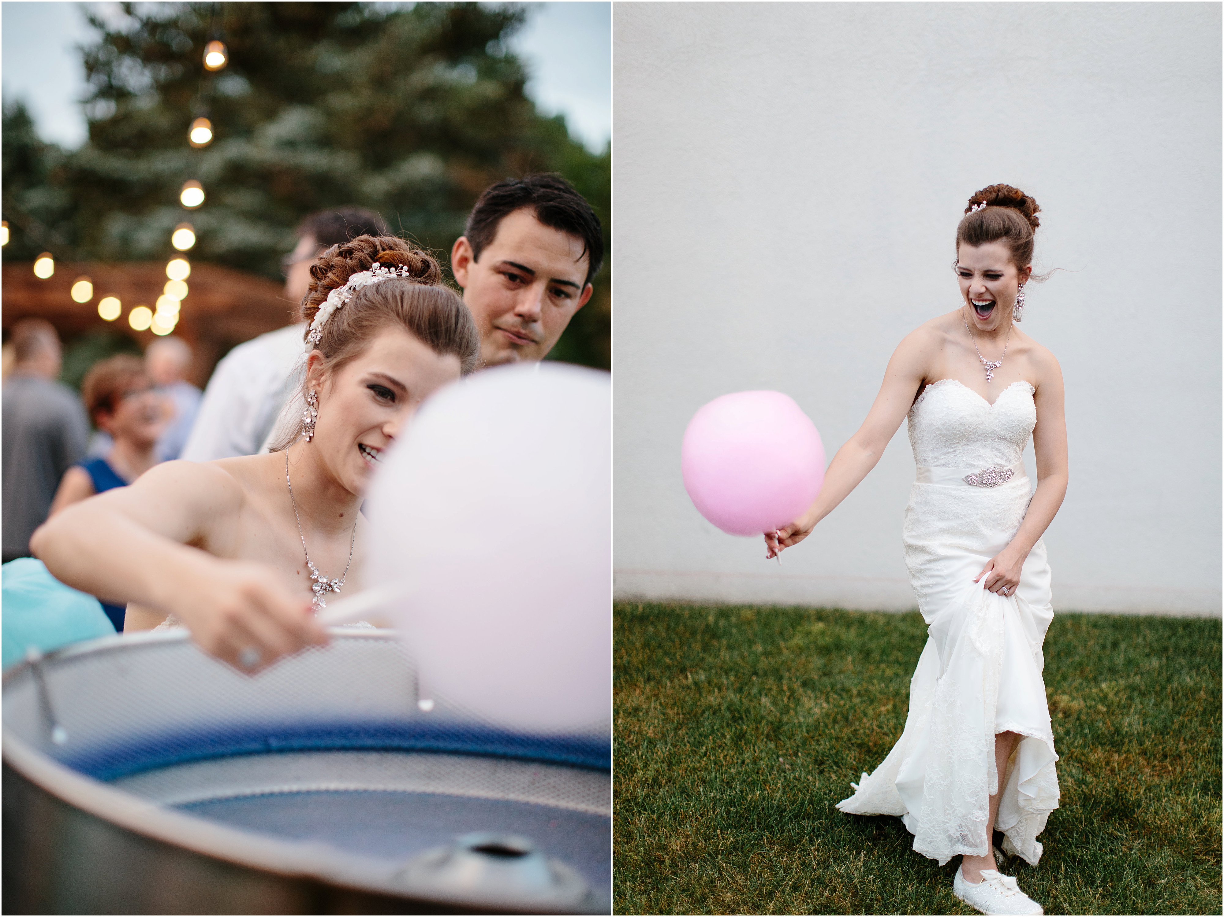couple make cotton candy at their wedding reception