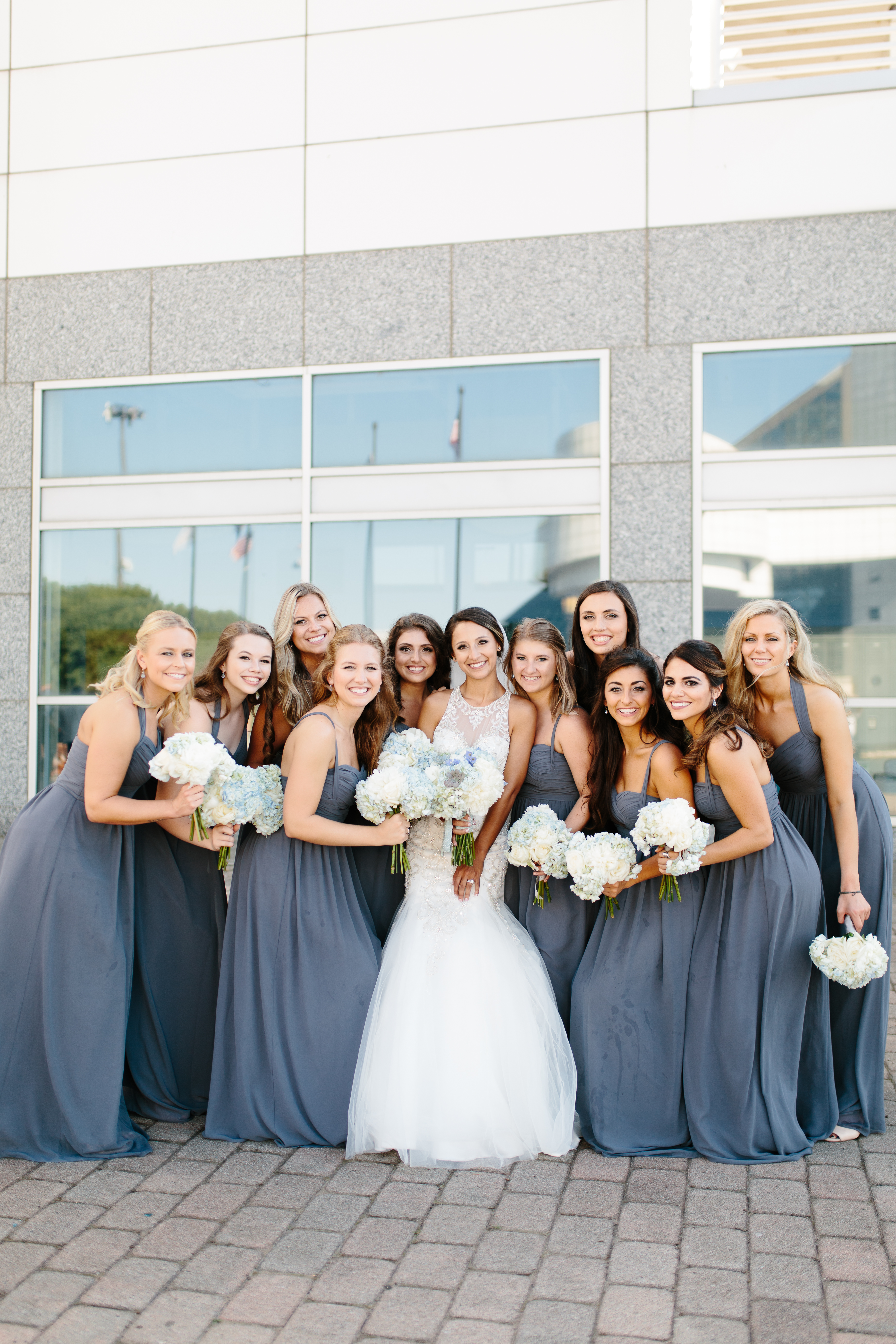 Grey Bridesmaids dresses and Hydrangea bouquets