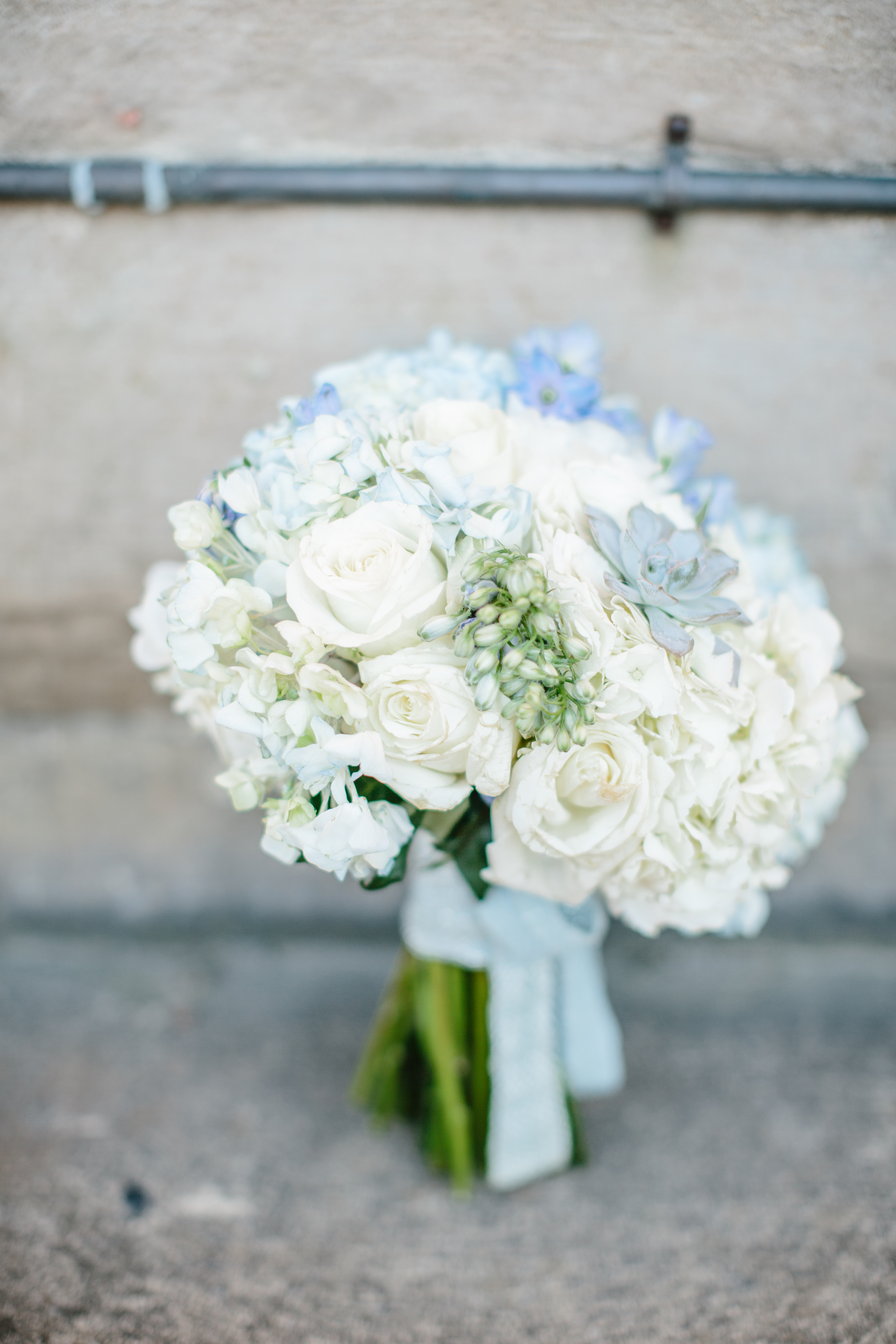 blue white and grey succulent hydrangea wedding bouquet
