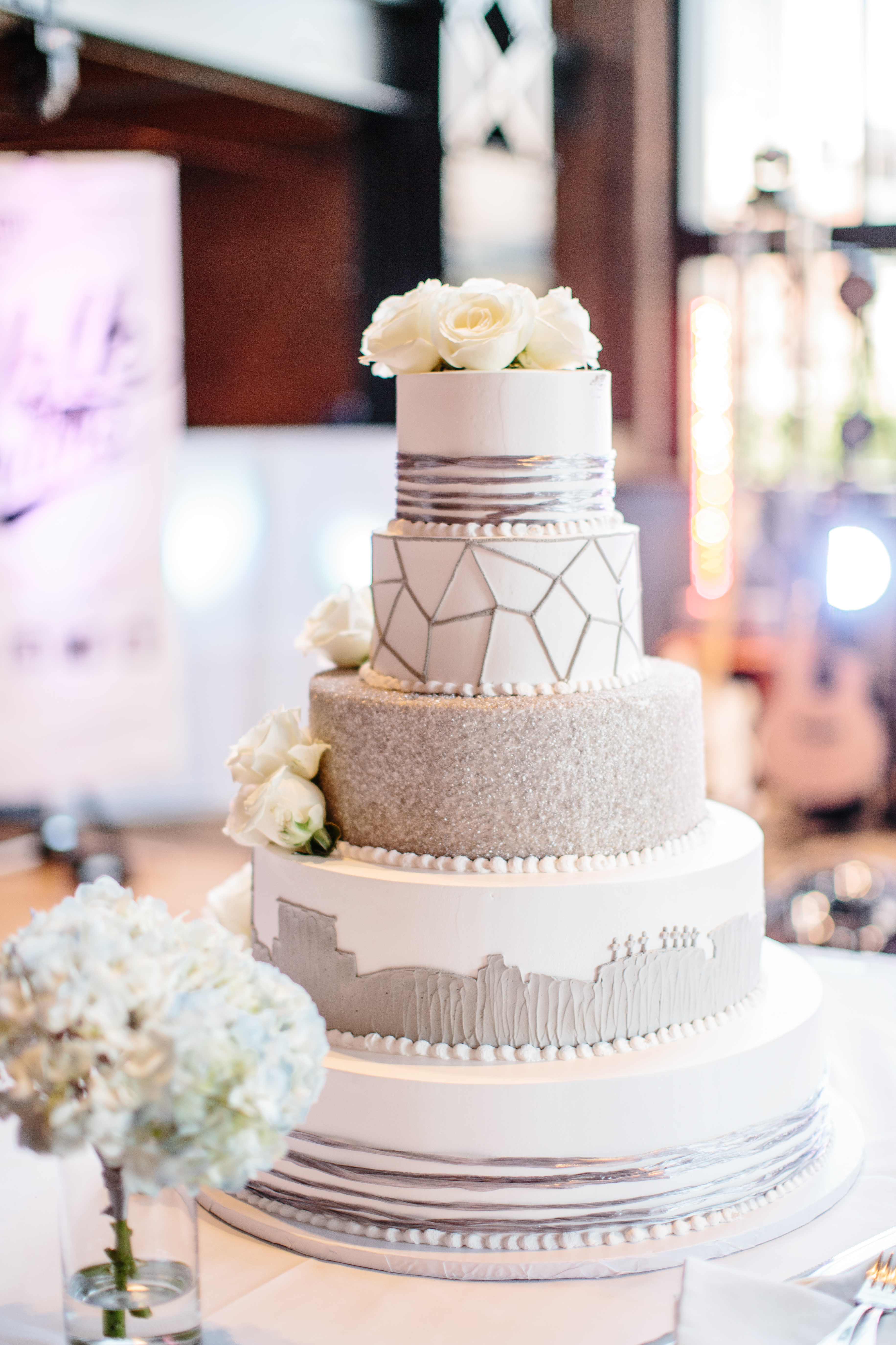 grey and white 5 tier wedding cake