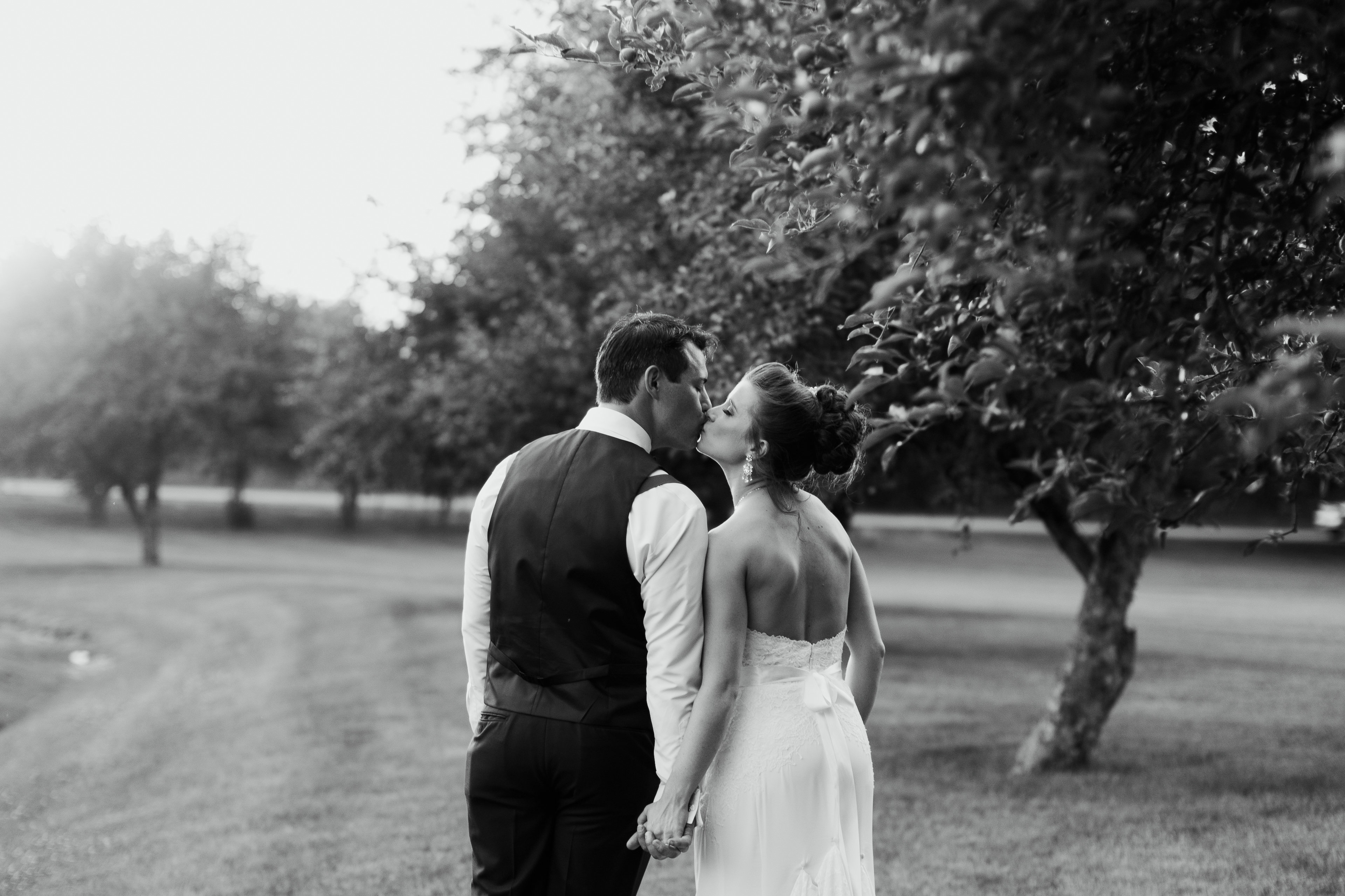 couple kiss in apple grove at their romantic wedding