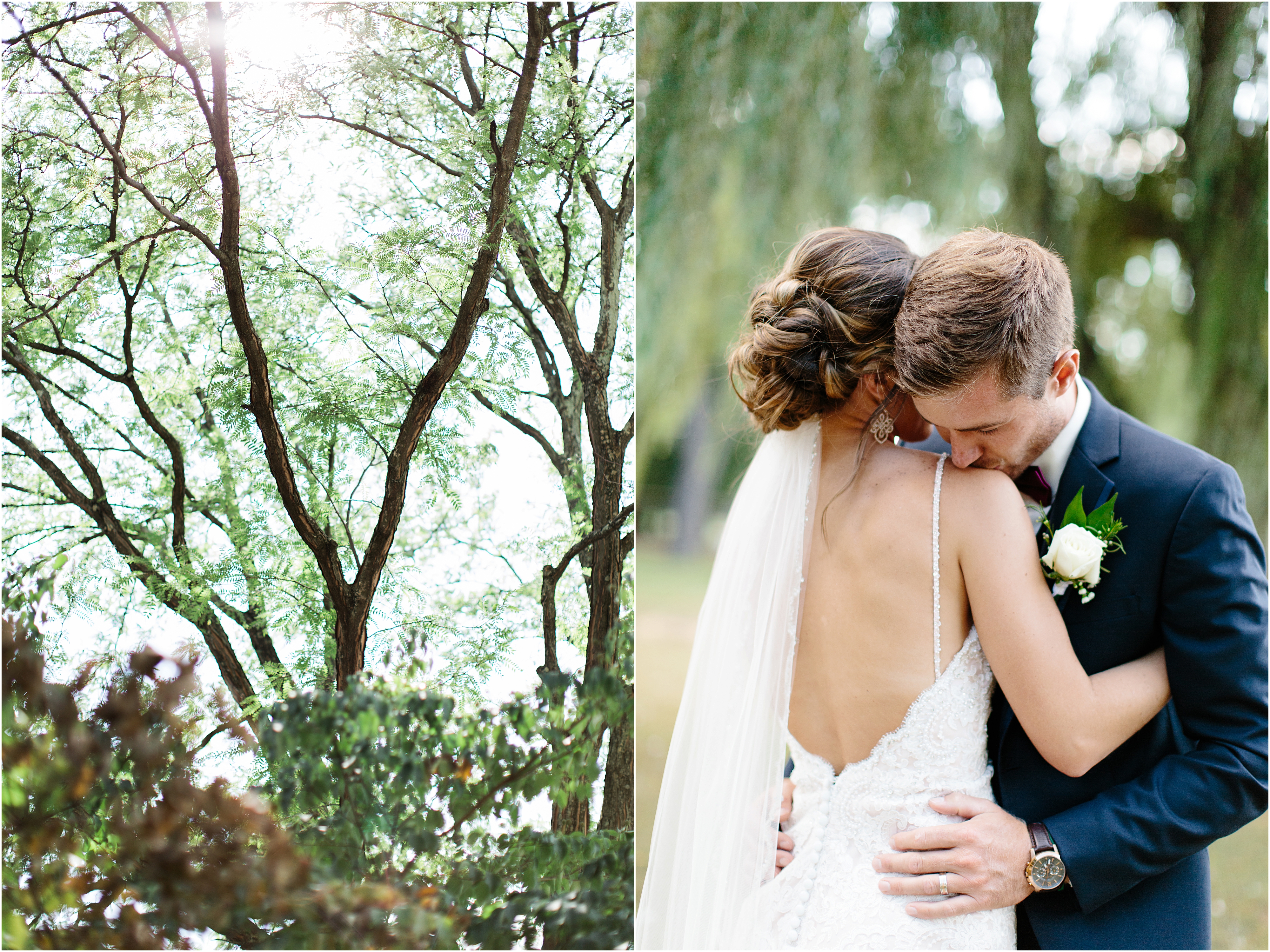 Groom kisses brides shoulder under a willow tree