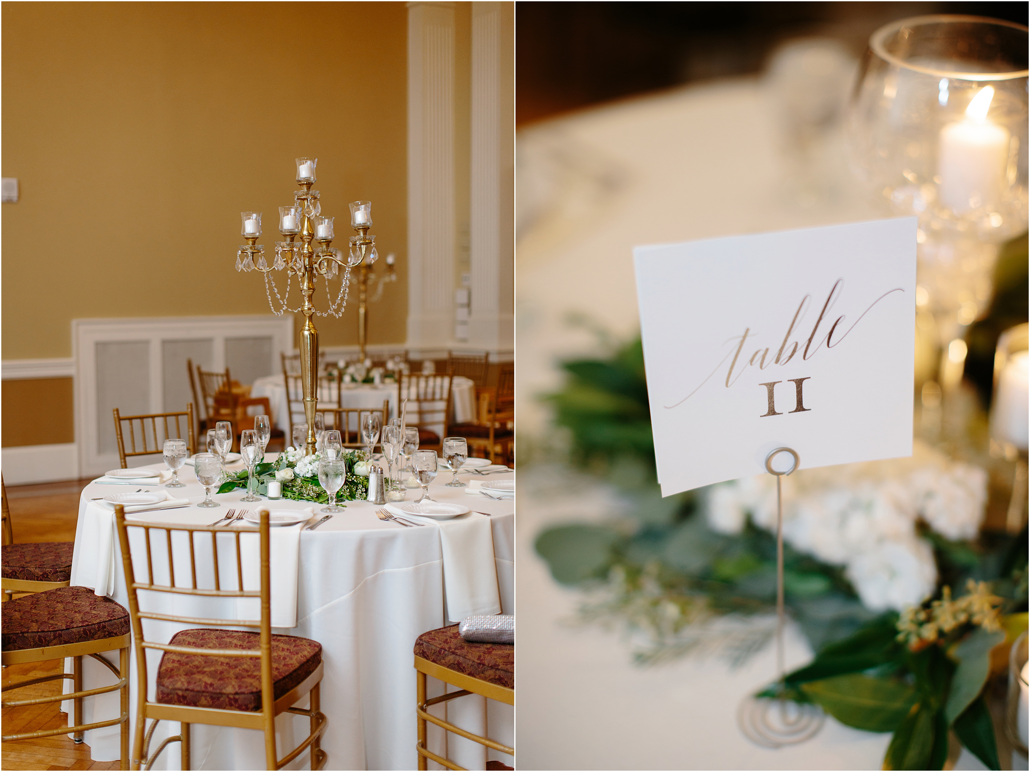 Romantic green and white wedding with Gold candleabras