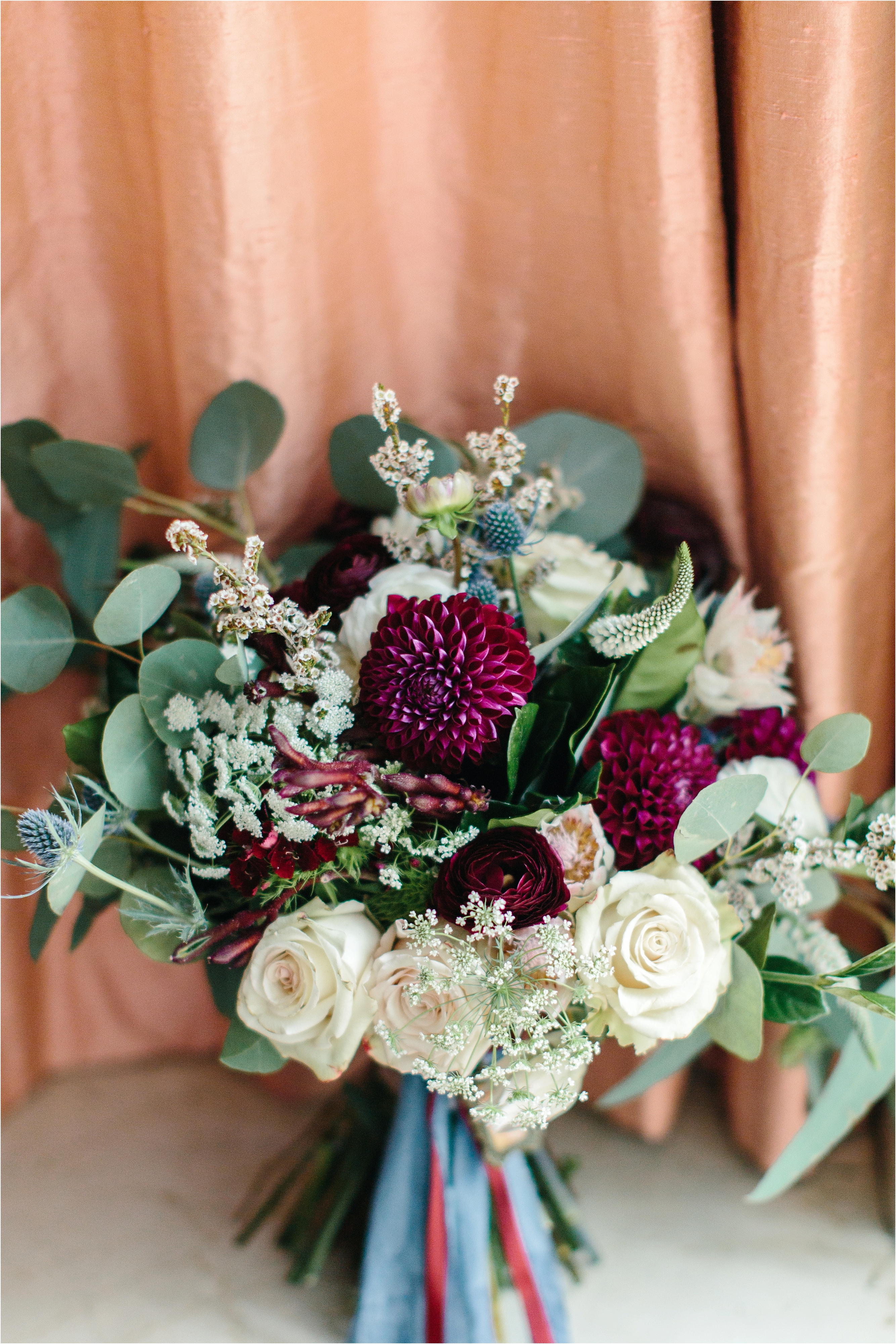 Whimsical Maroon and white bouquet by Sheri Strebelow