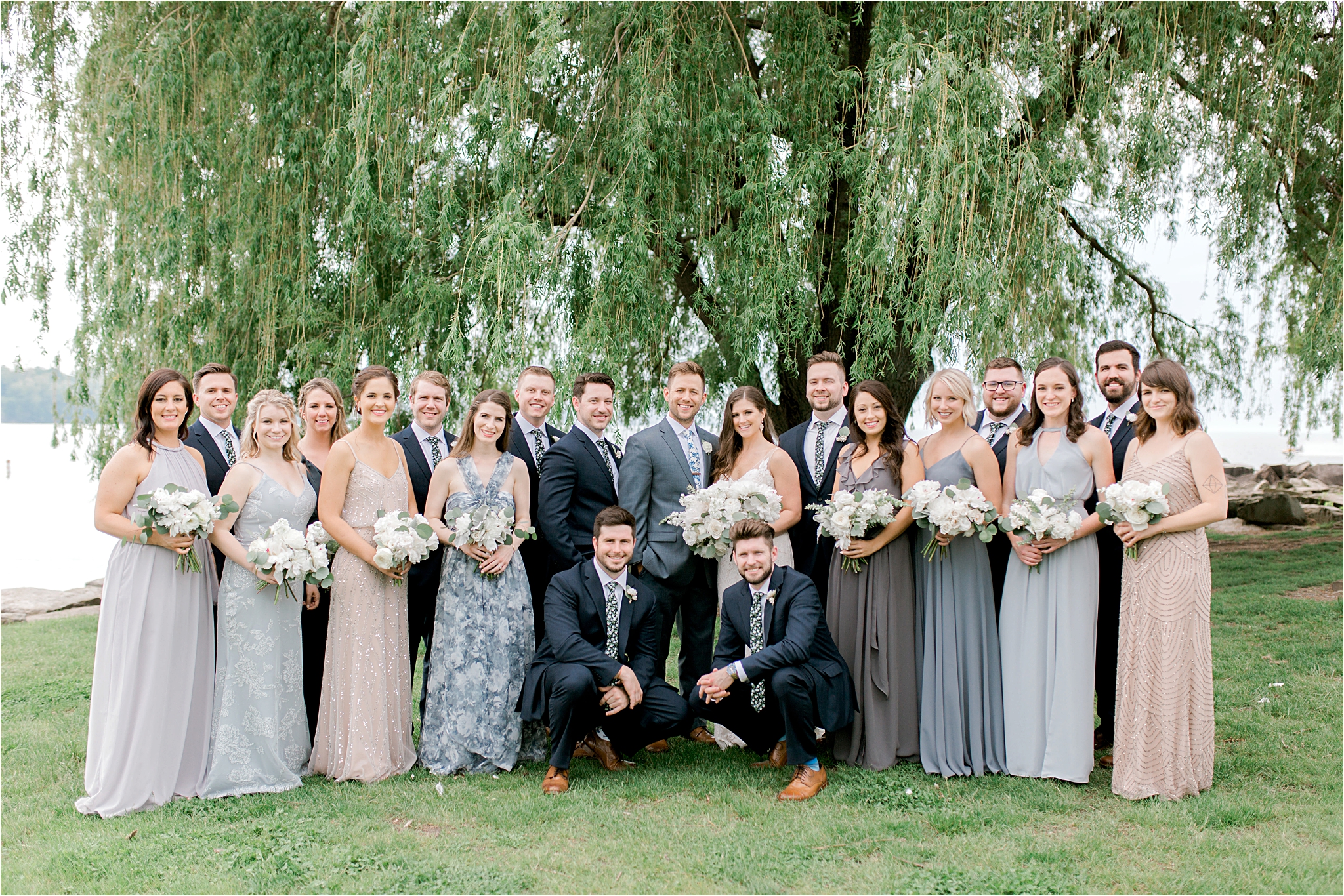 large bridal party photo blue and neutral wedding inspiration