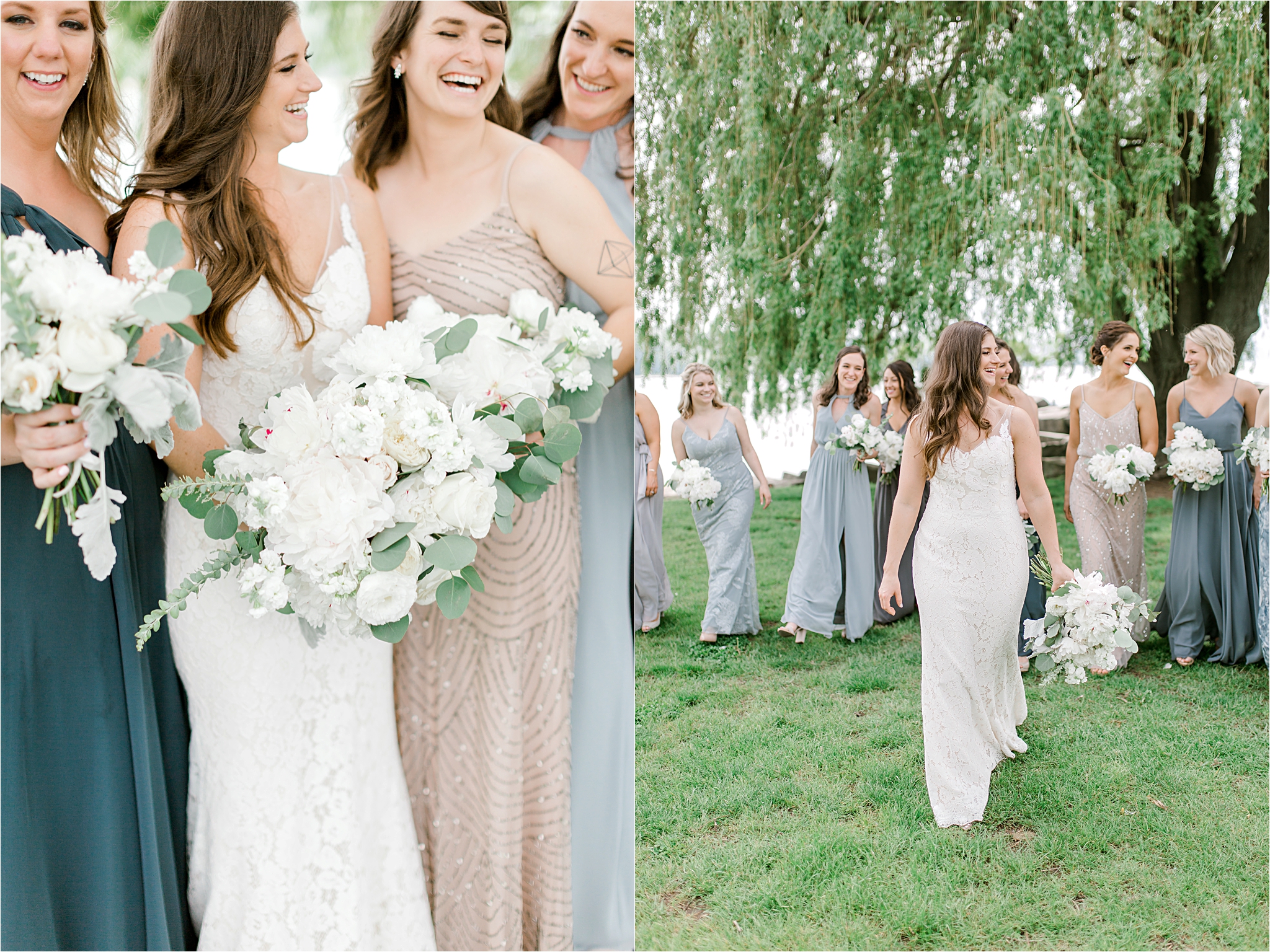 blue grey and Neutral bridesmaid dresses with white and green floral