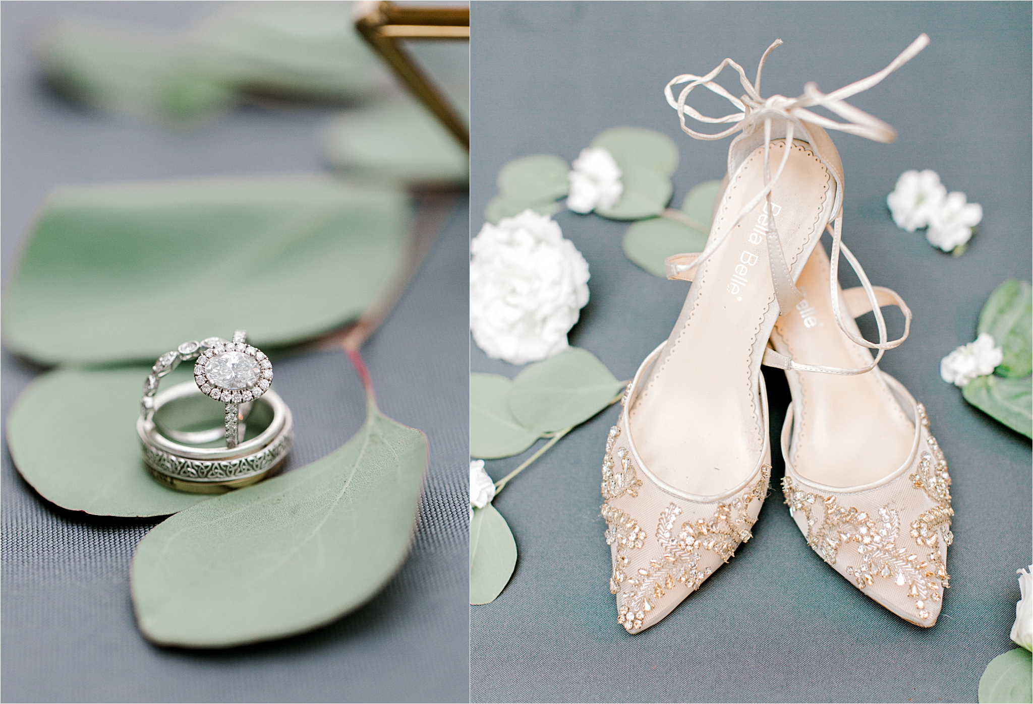 blue grey and white wedding with gold bella belle shoes