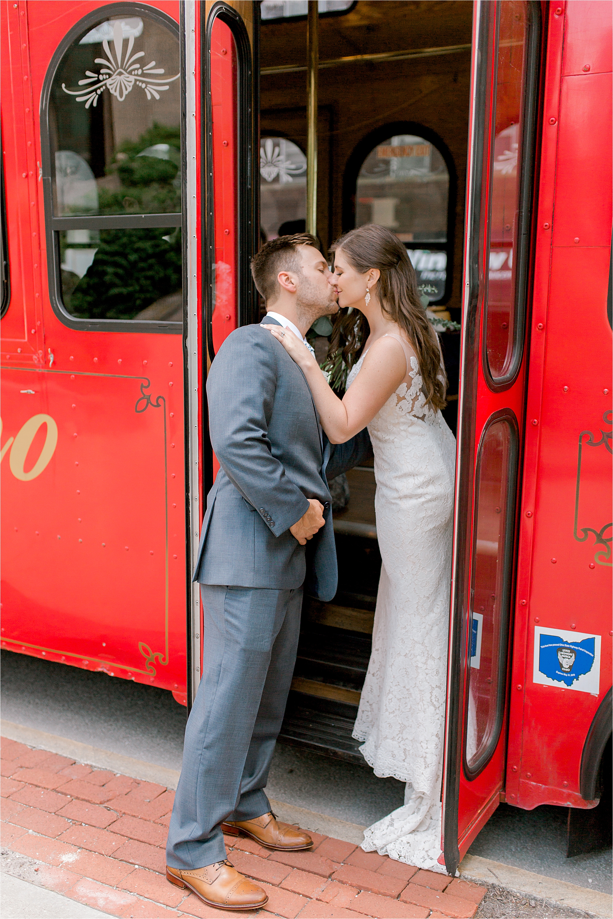 Wedding Trolley ride bride and groom in Cleveland Ohio 