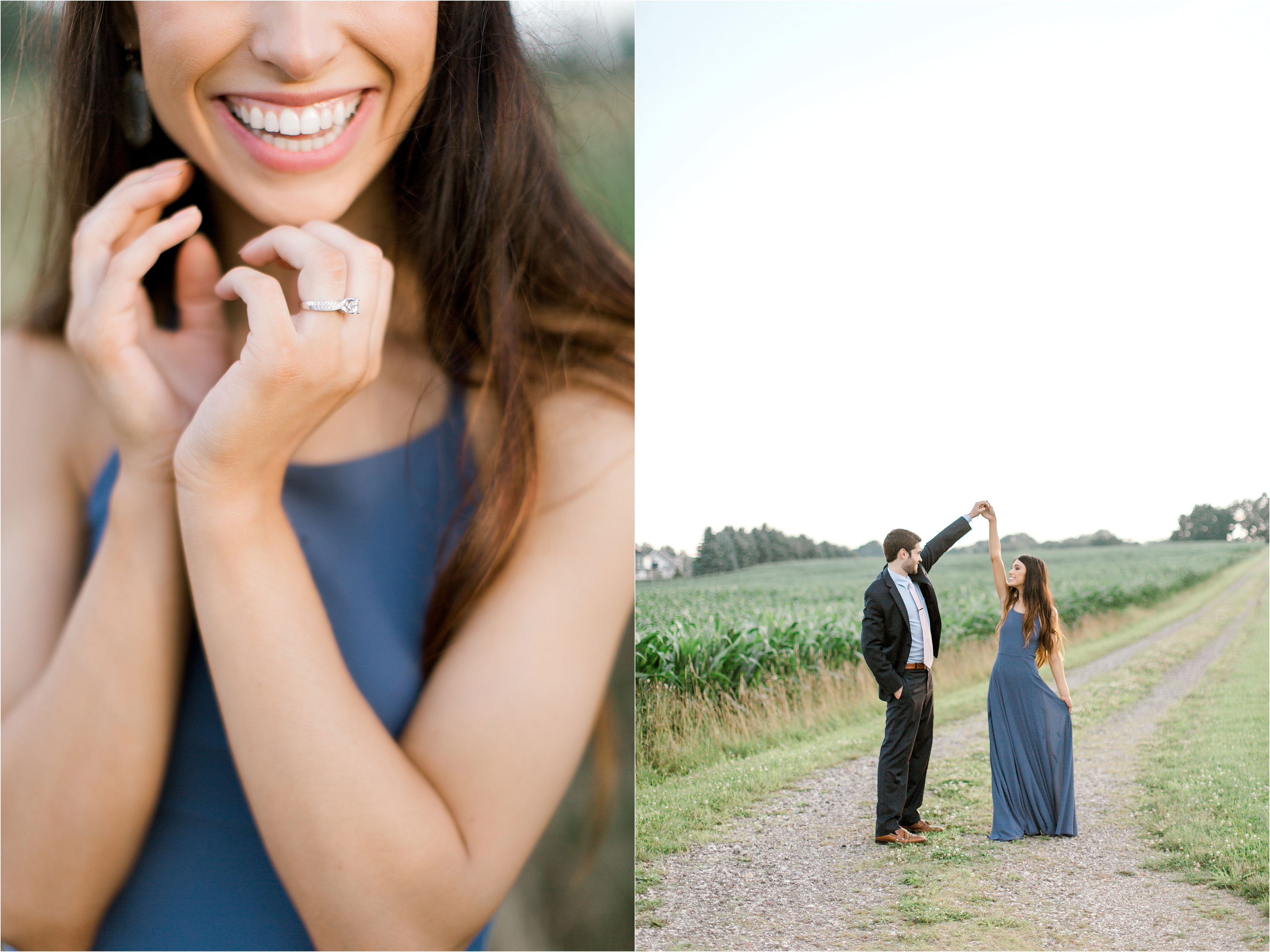 blue dress engagement session romantic whimsical field