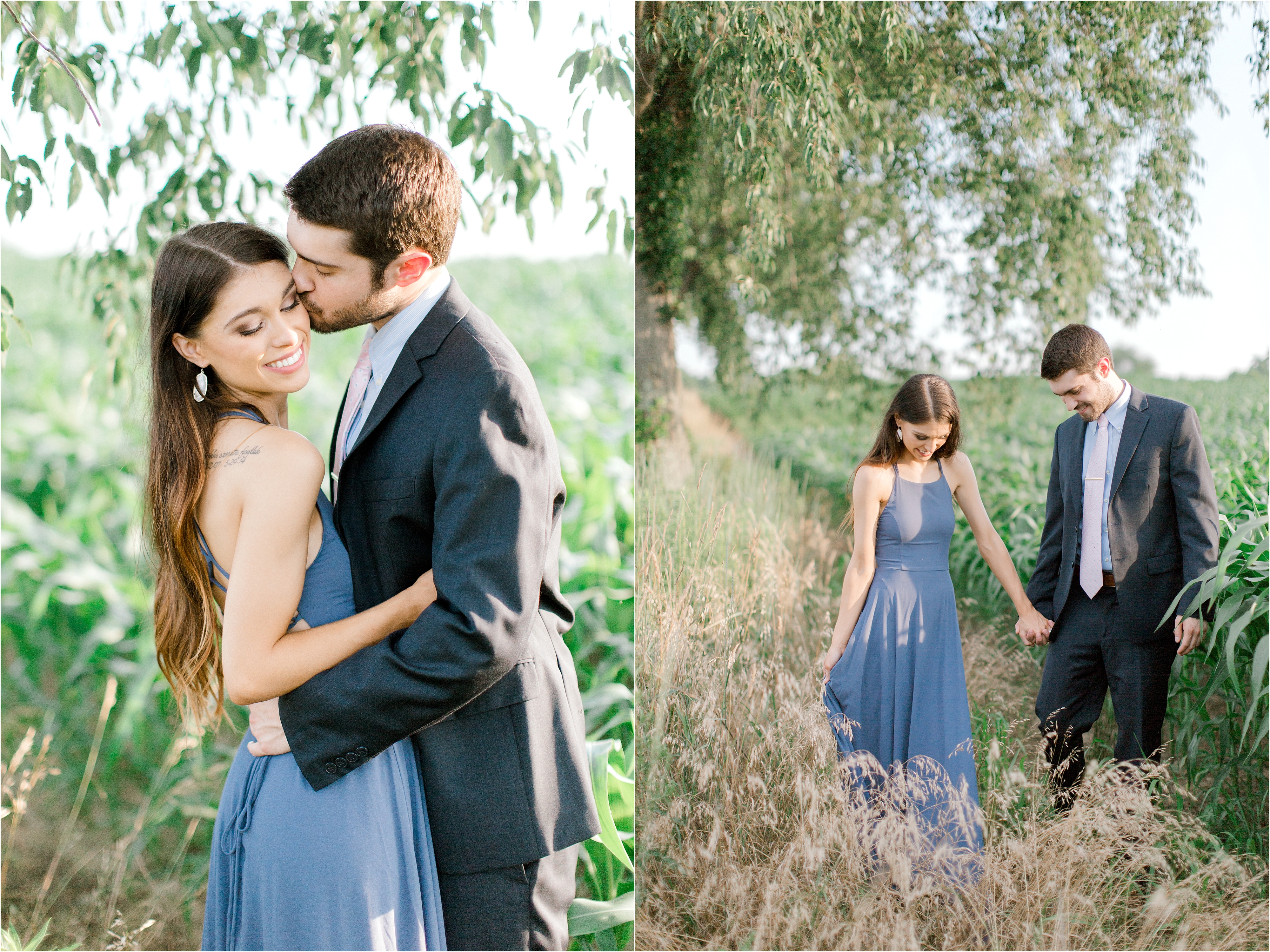 blue dress engagement session by whimsical field