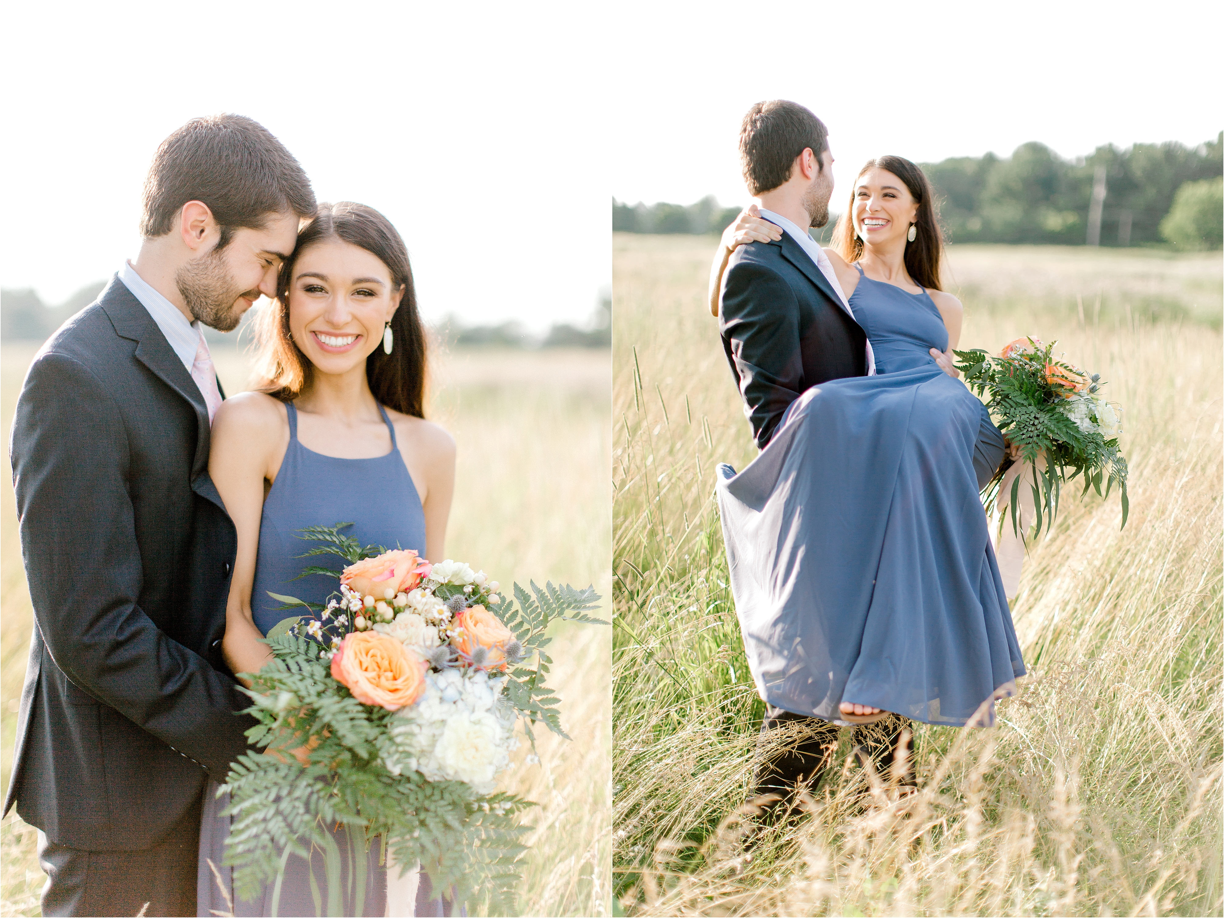 blue dress engagement session in field in Cleveland