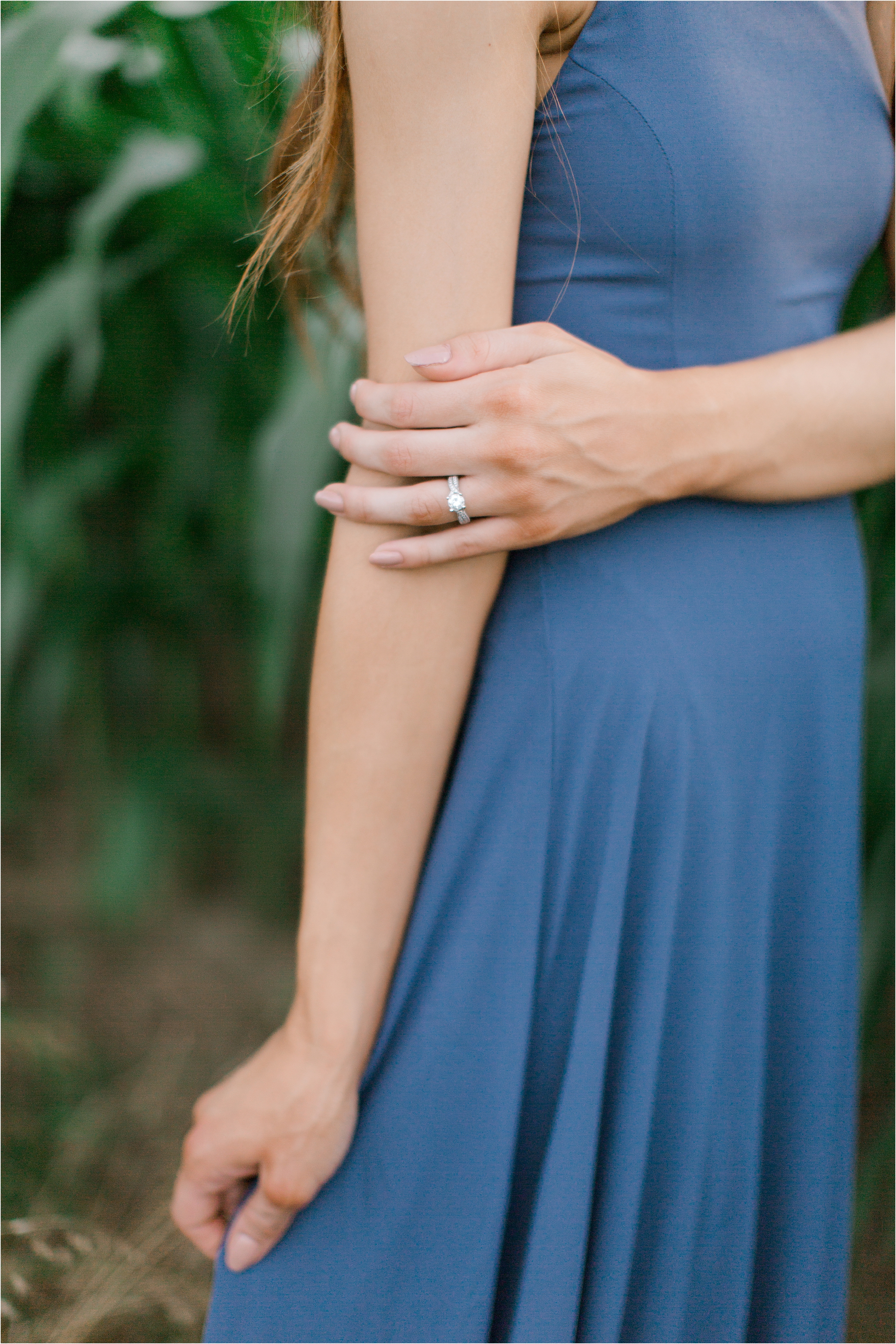 blue dress engagement session by field