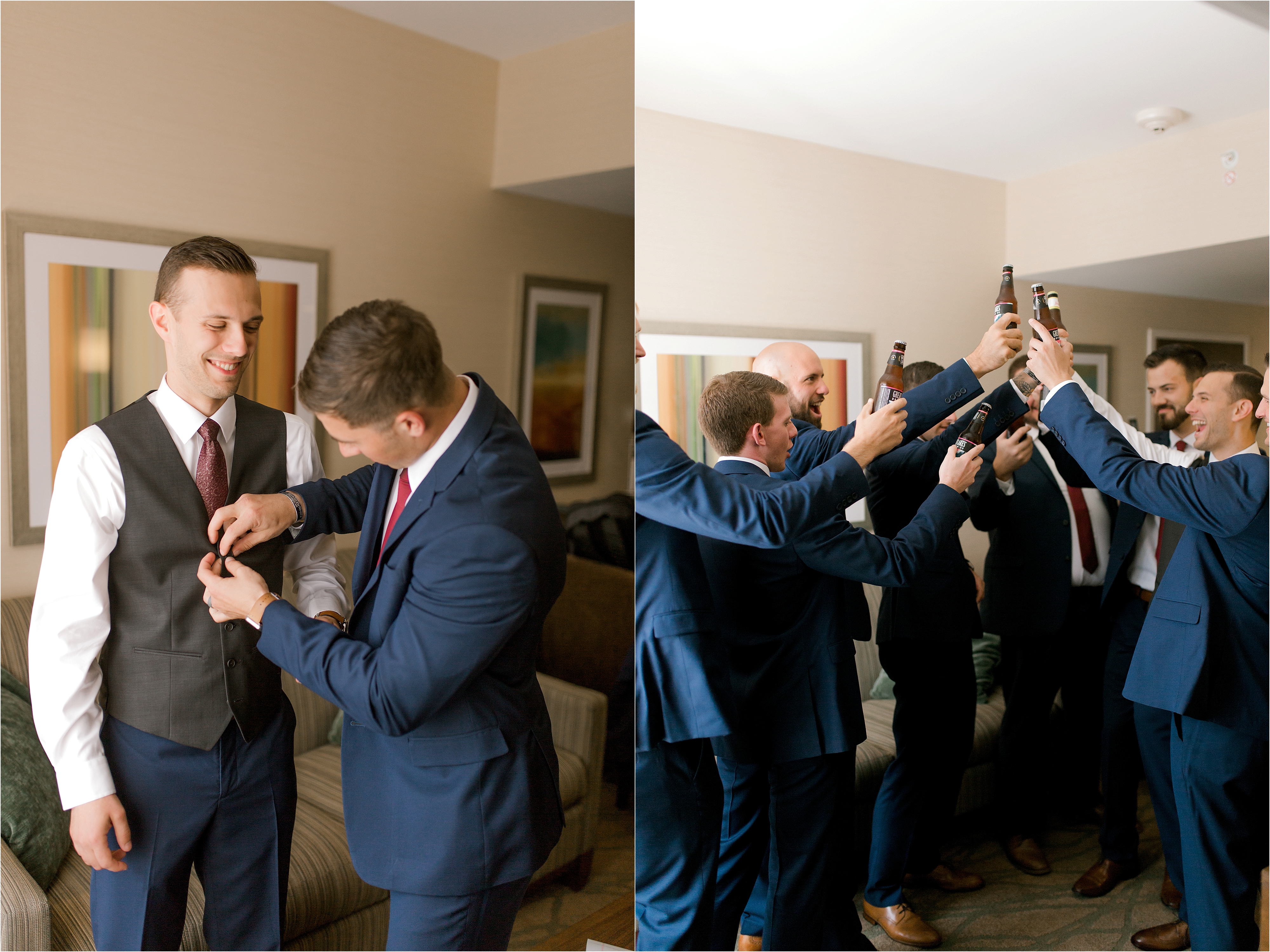 groom getting ready with groomsmen in cleveland ariel pearl center wedding