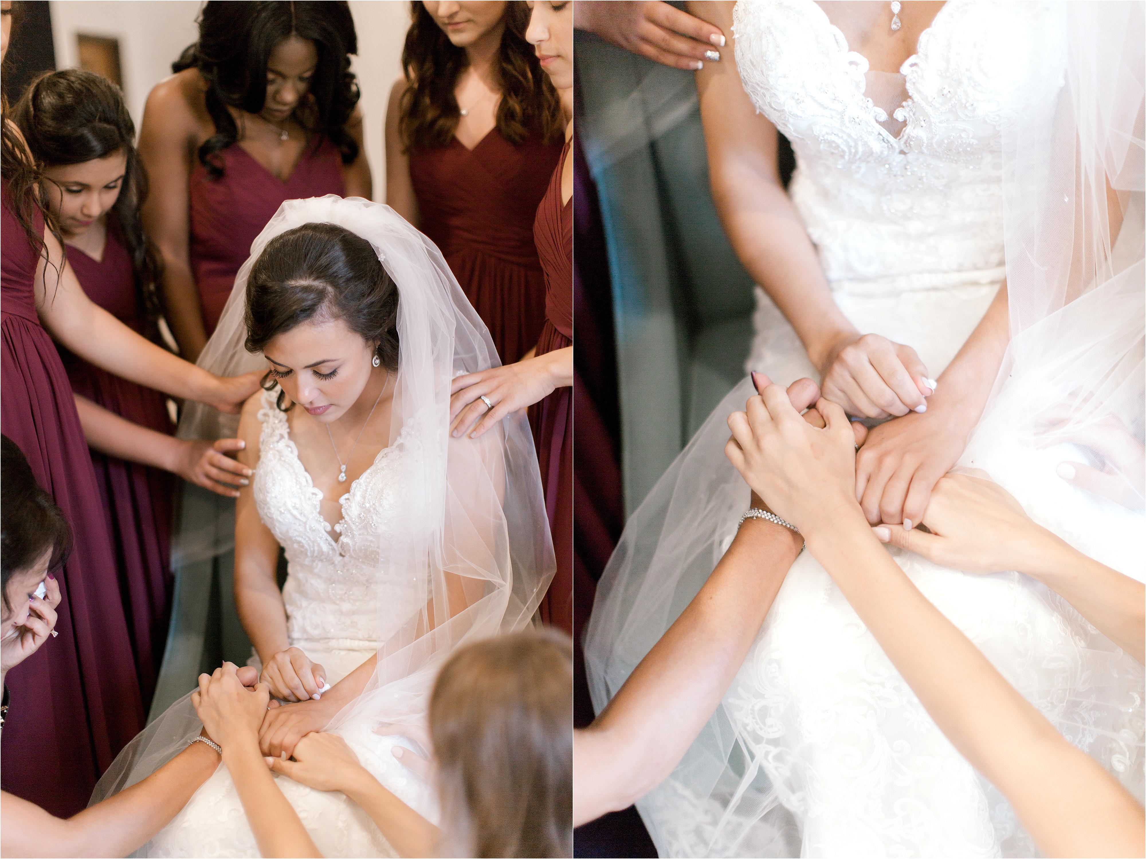 bride praying with her bridal party before wedding ceremony