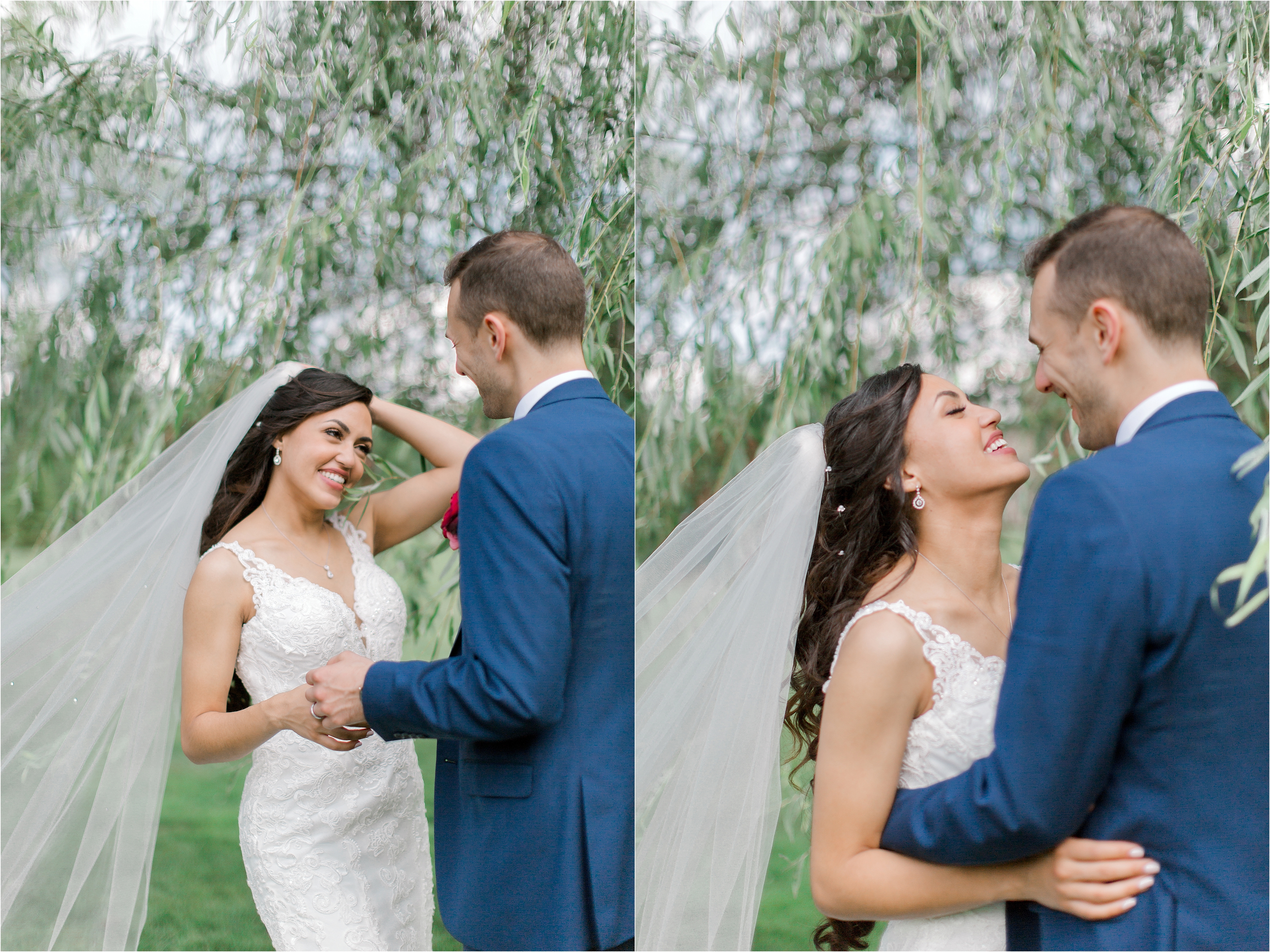 bride laughing during couple portraits under willow tree ariel pearl center
