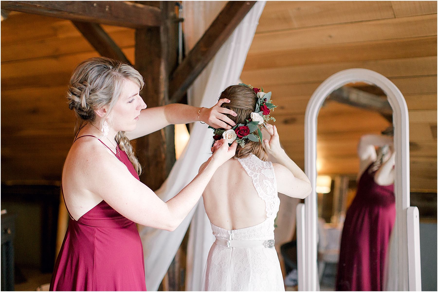 bride getting ready with wine and greenery floral crown