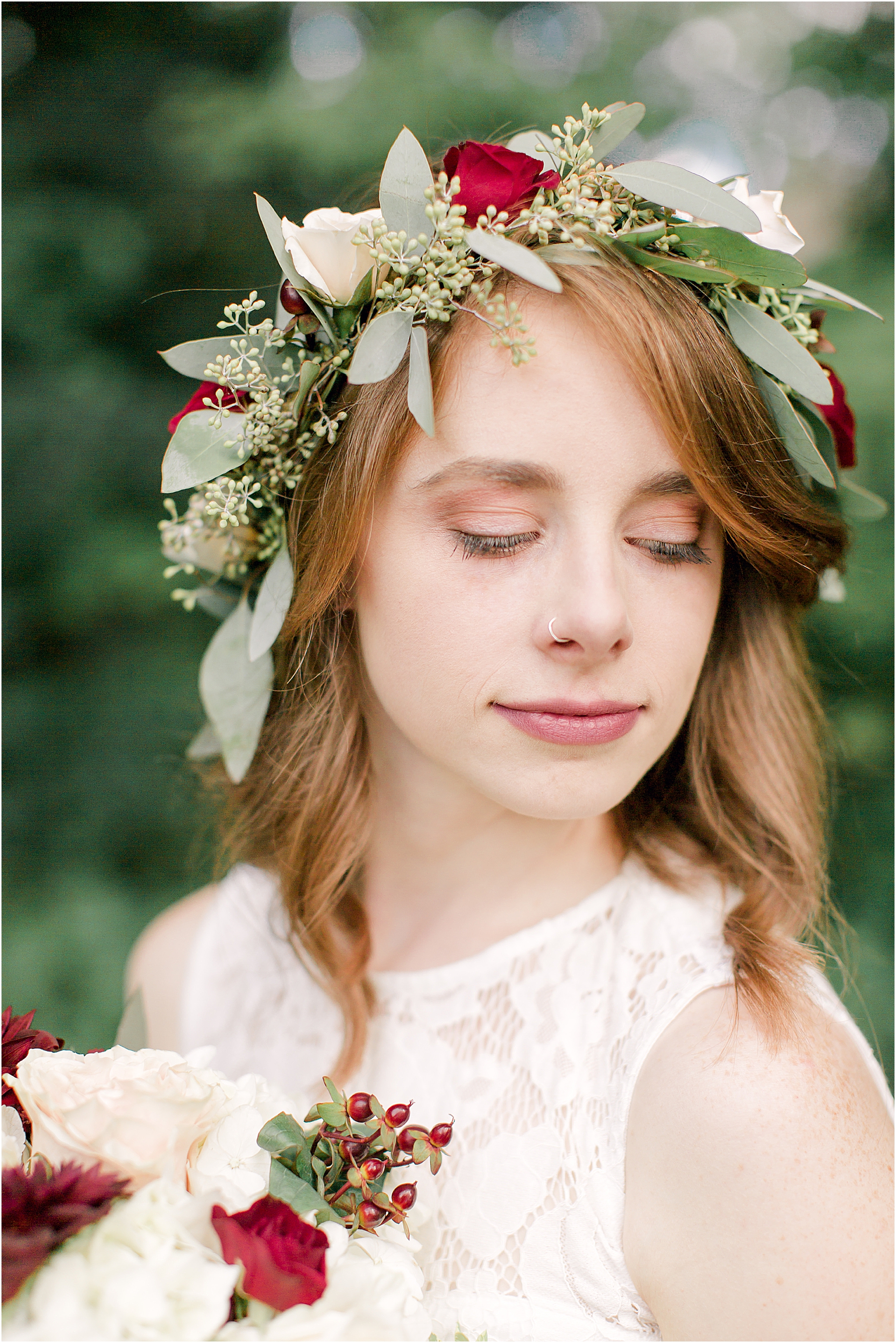 bridal floral crown at midwest summer camp wedding