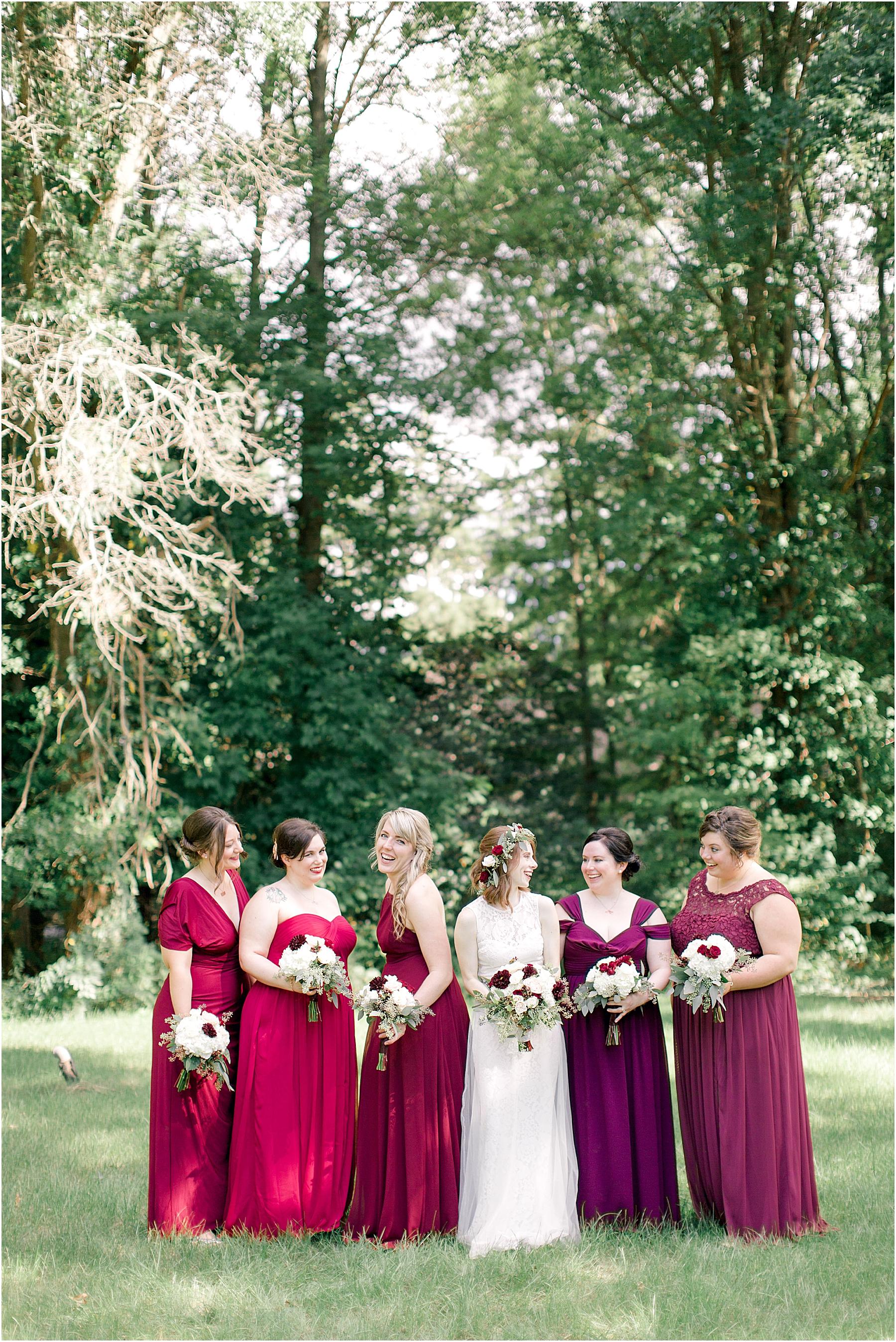 maroon and red bridesmaid dresses at  midwest wedding in Cleveland