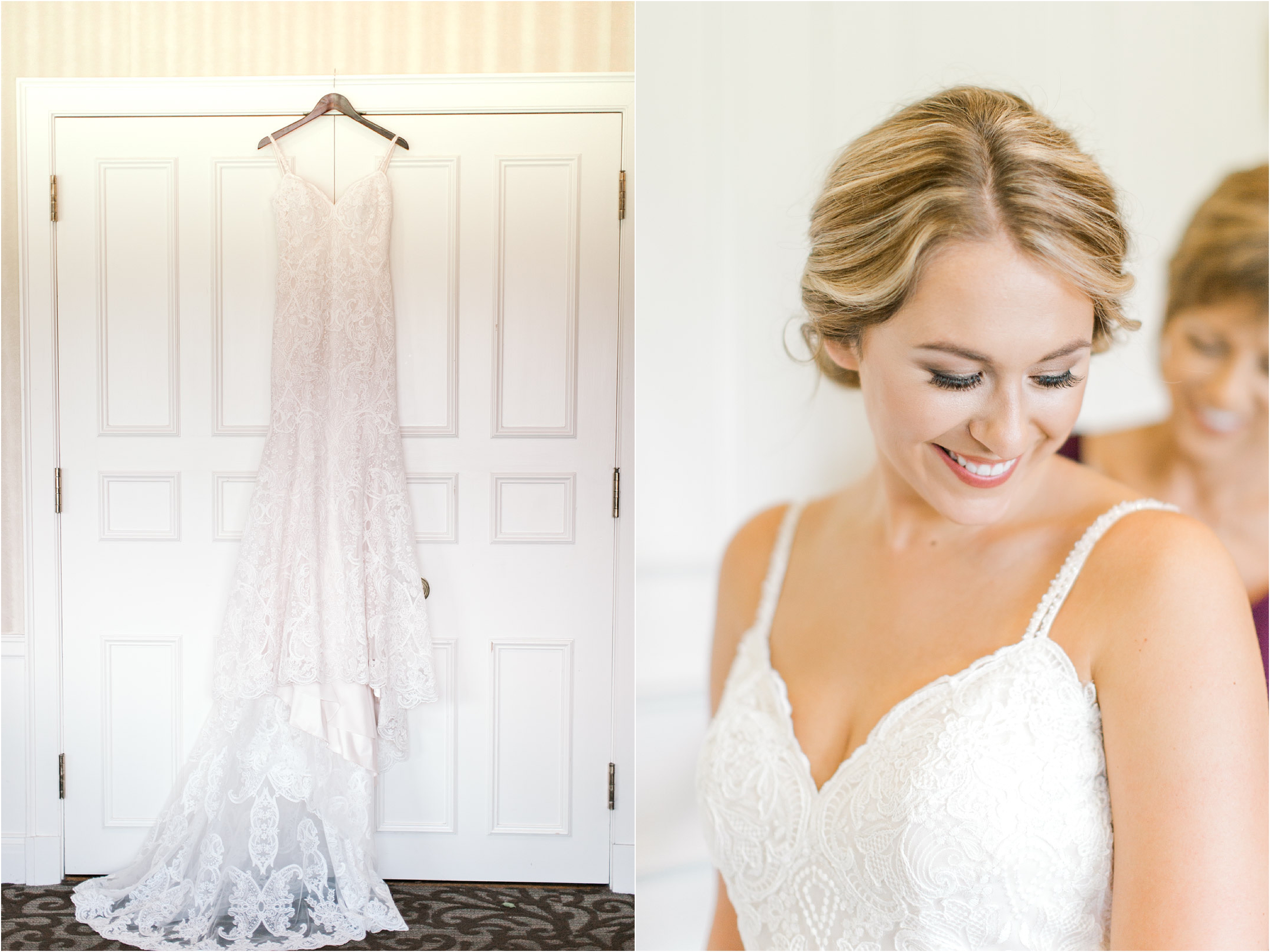 Bride putting on morilee lace gown at Brookside Country Club Wedding
