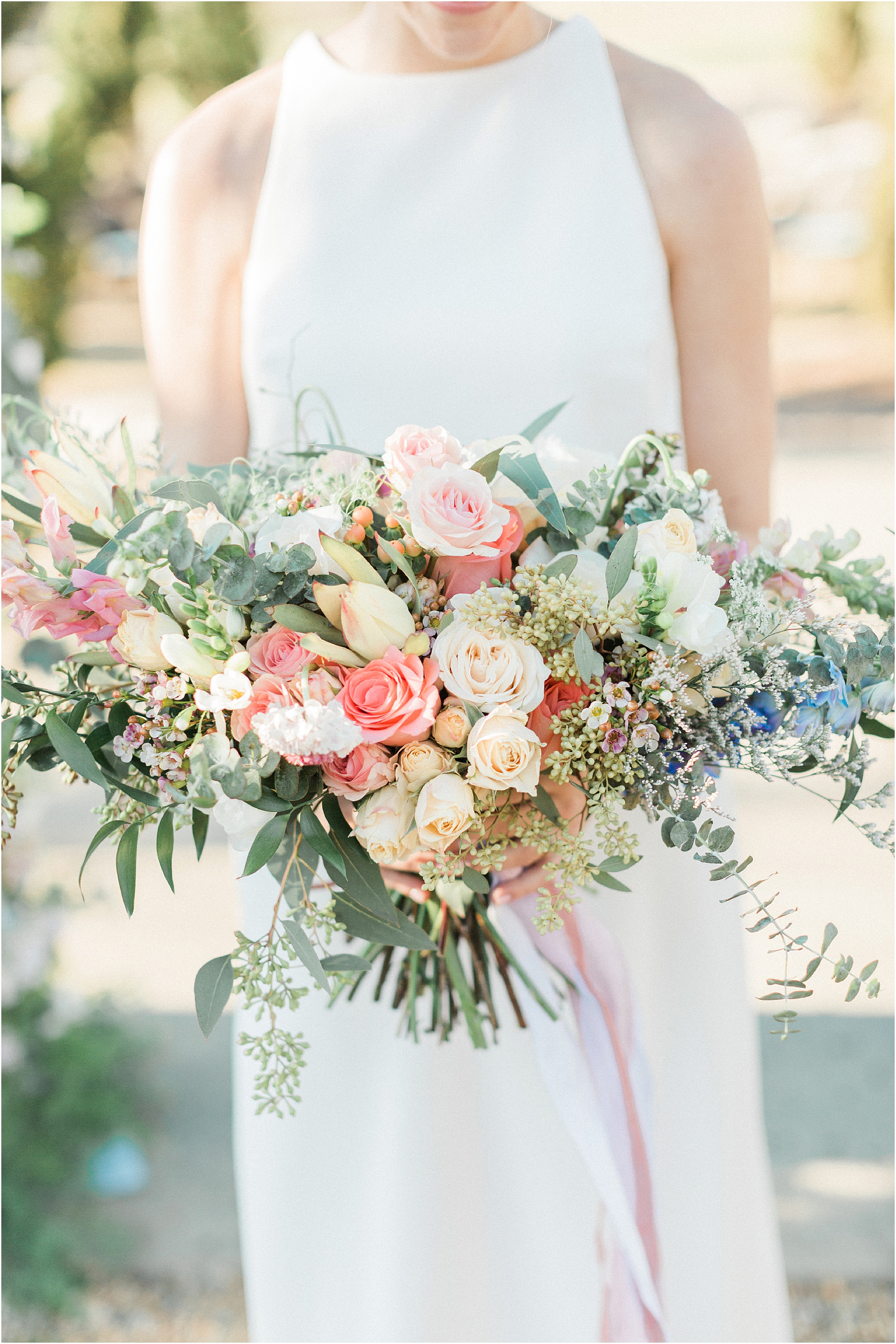 Charleston wedding florist peach and blue bouquet