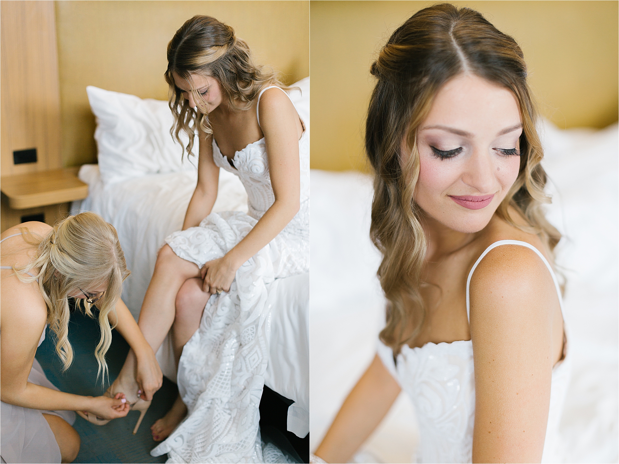 Bride getting ready at Cleveland Hotel in Miss Hayley Paige Beaded gown