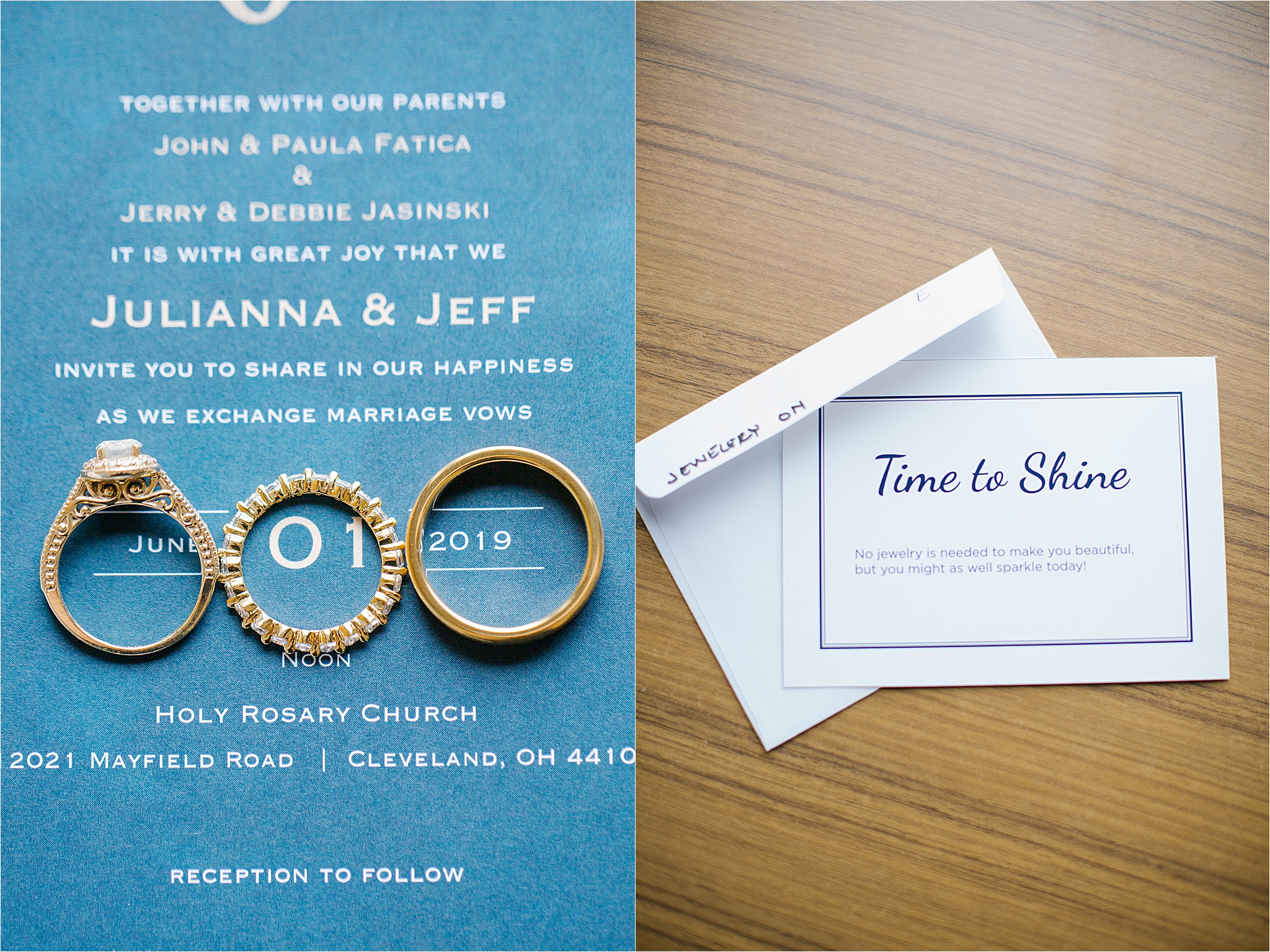Intricate gold engagement ring on invitation and Groom notes to the bride for day of wedding