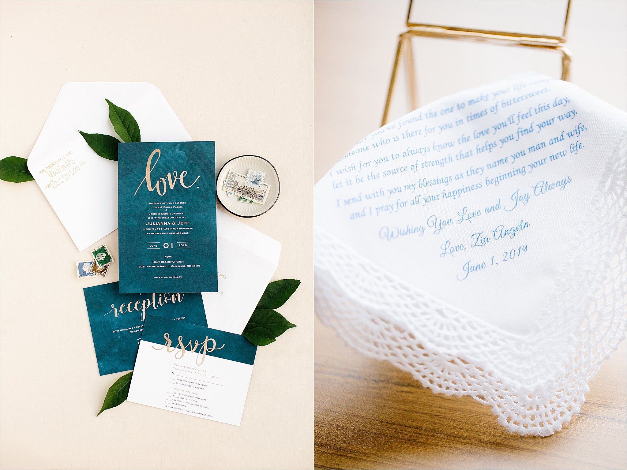 Navy and gold invitation suite and personalized handkerchief gift