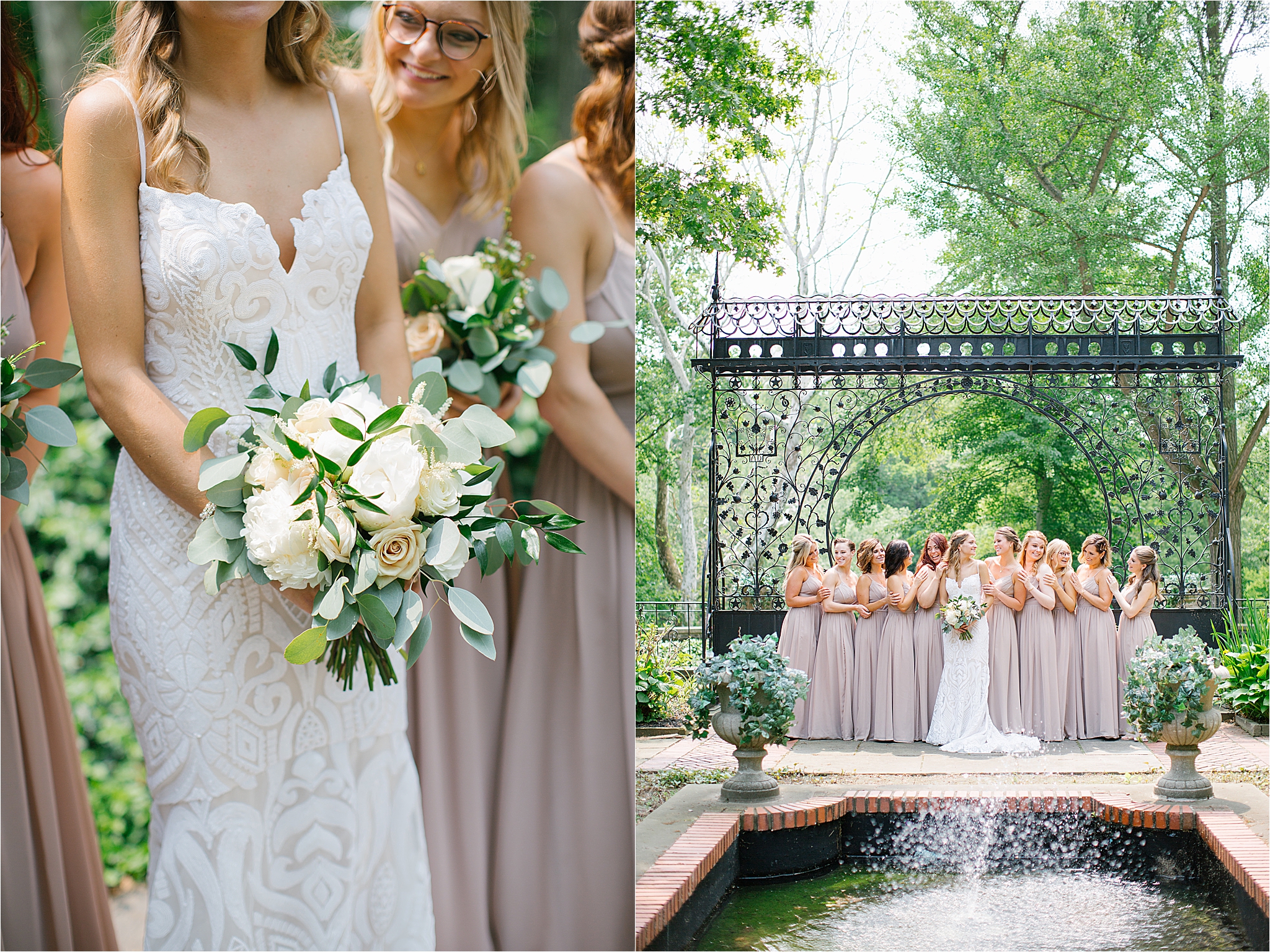 Bridesmaids in Taupe at wedding at Cleveland Cultural Gardens