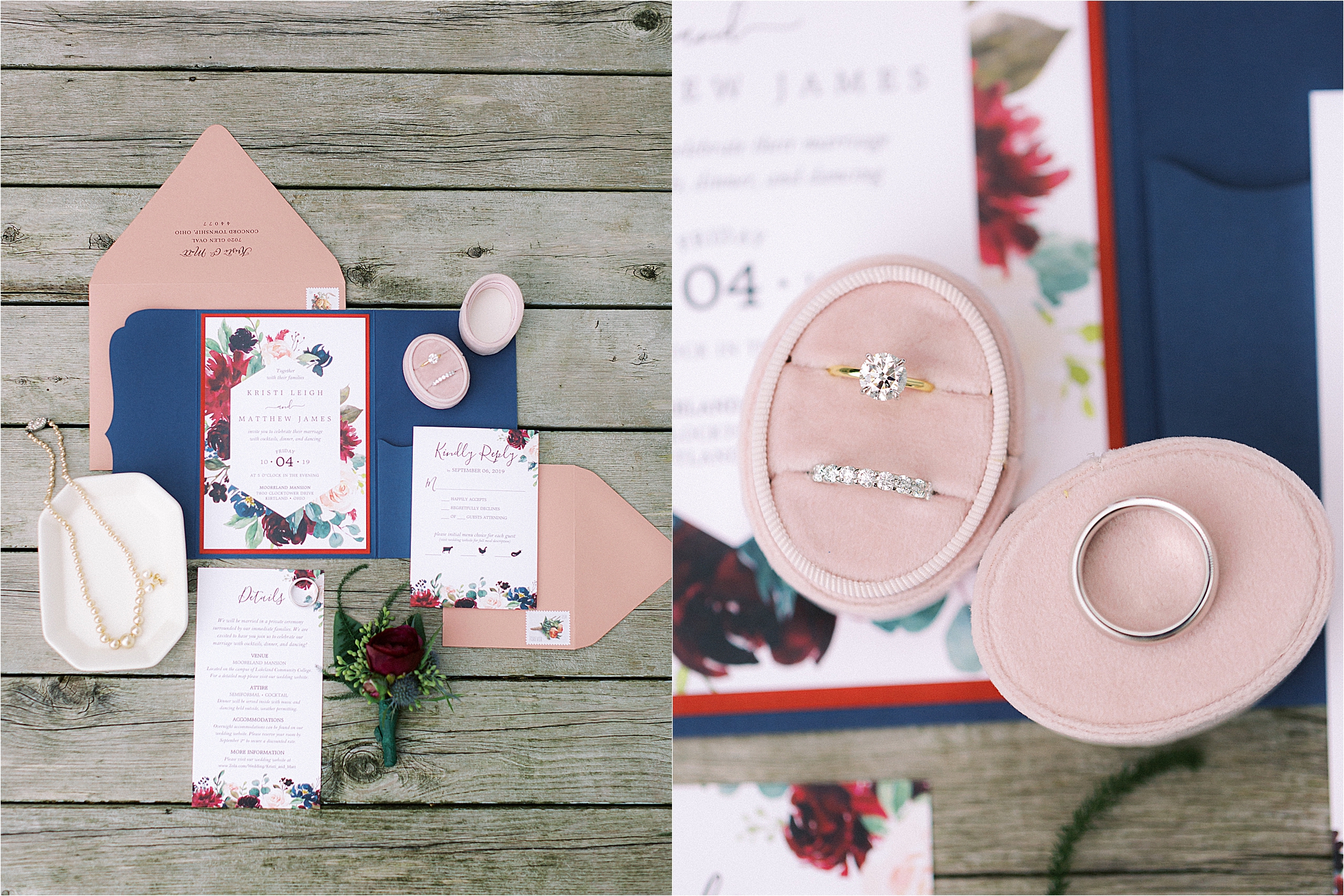 blue and pink wedding invitation suite