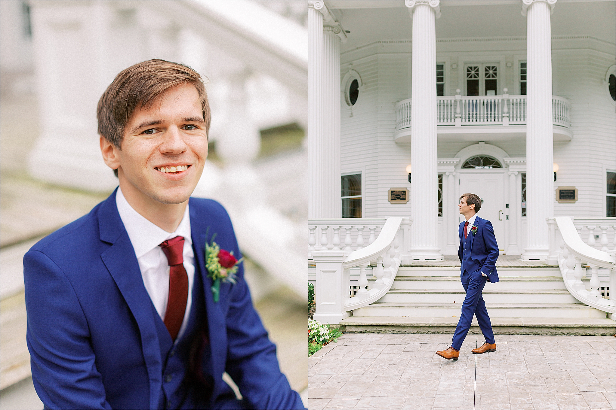 groom wearing maroon and blue at mooreland mansion wedding
