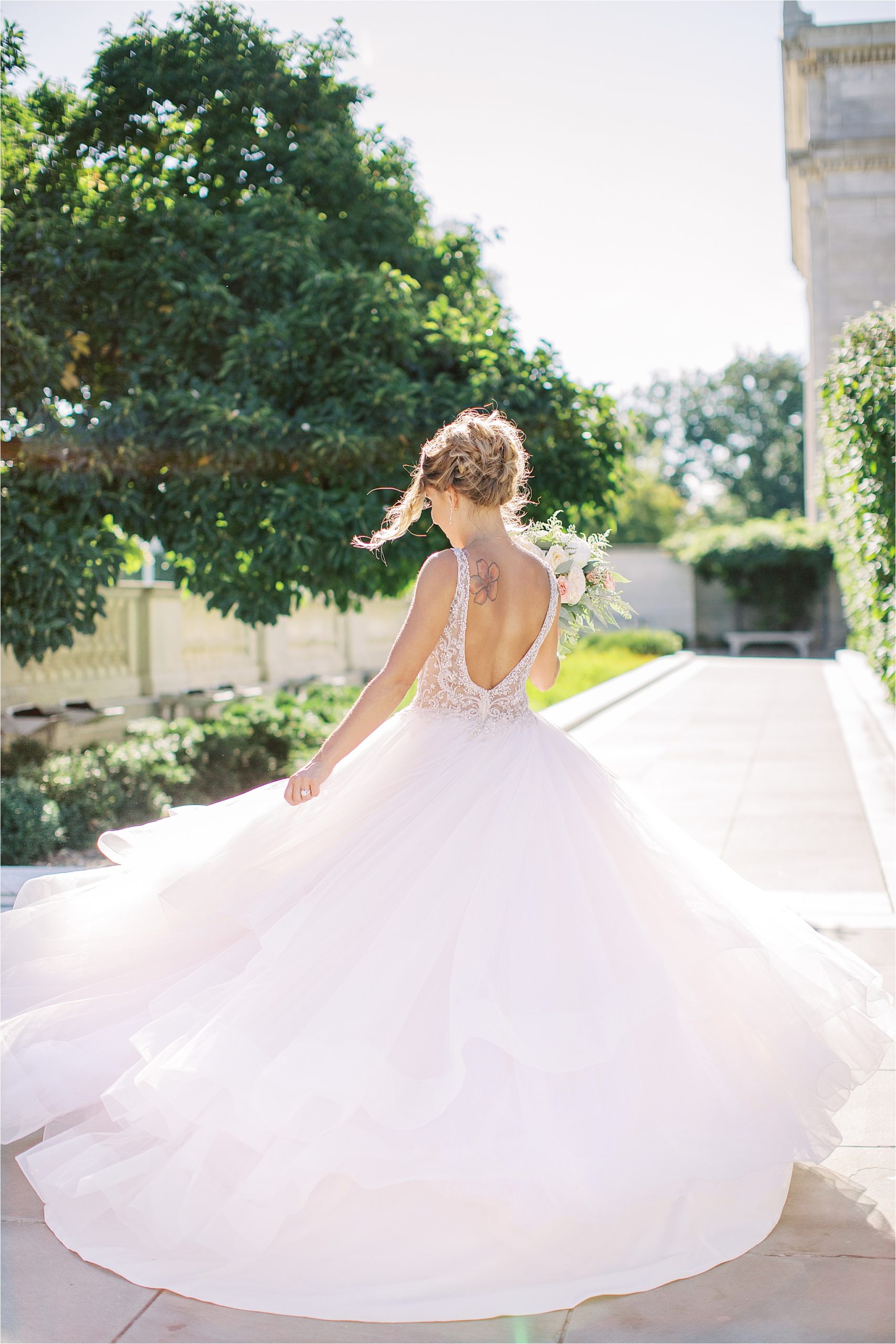 Bridal Portraits in blush pink tulle wedding gown at Cleveland Museum of Art
