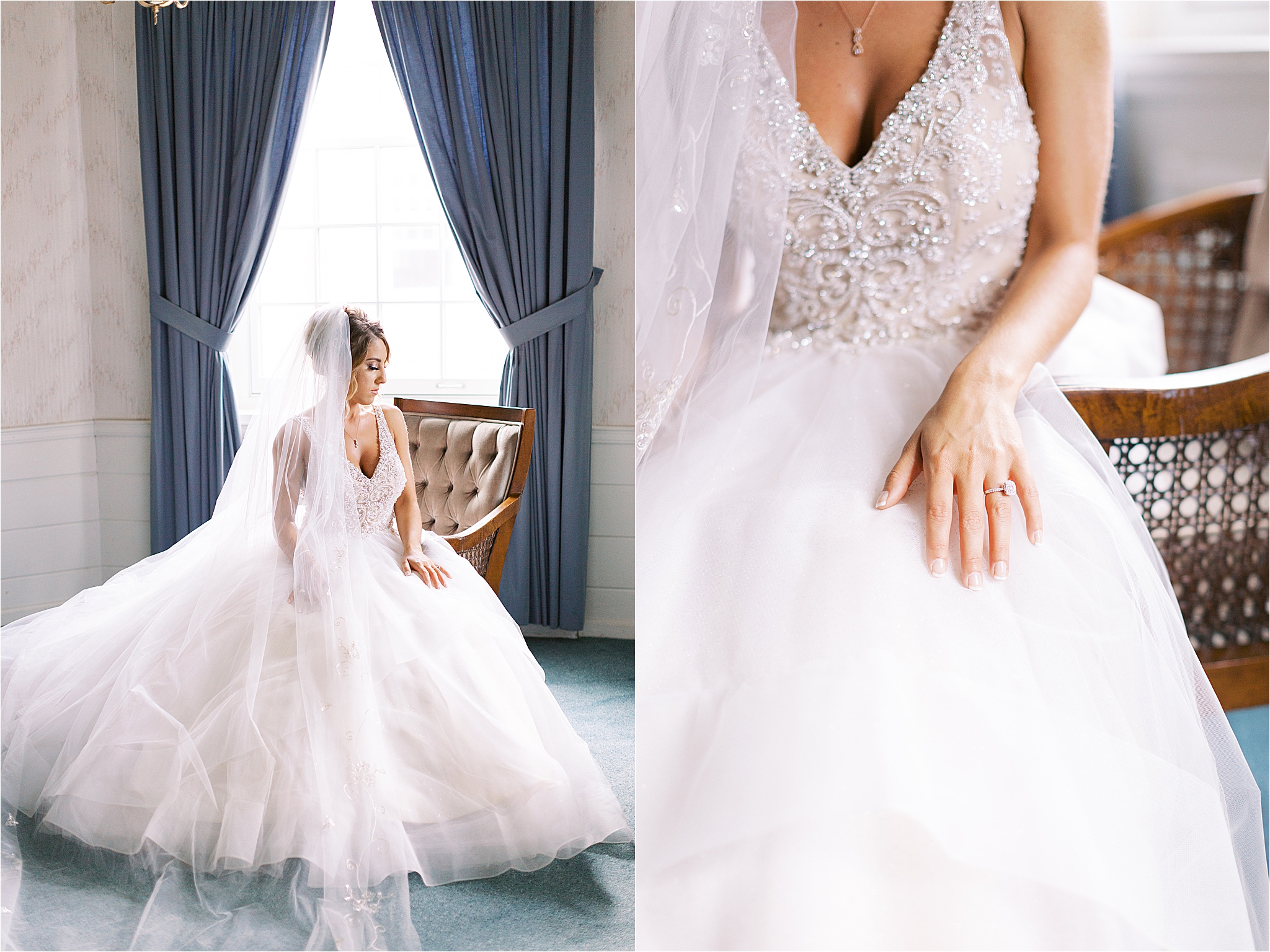 bridal portraits wearing blush beaded tulle gown 