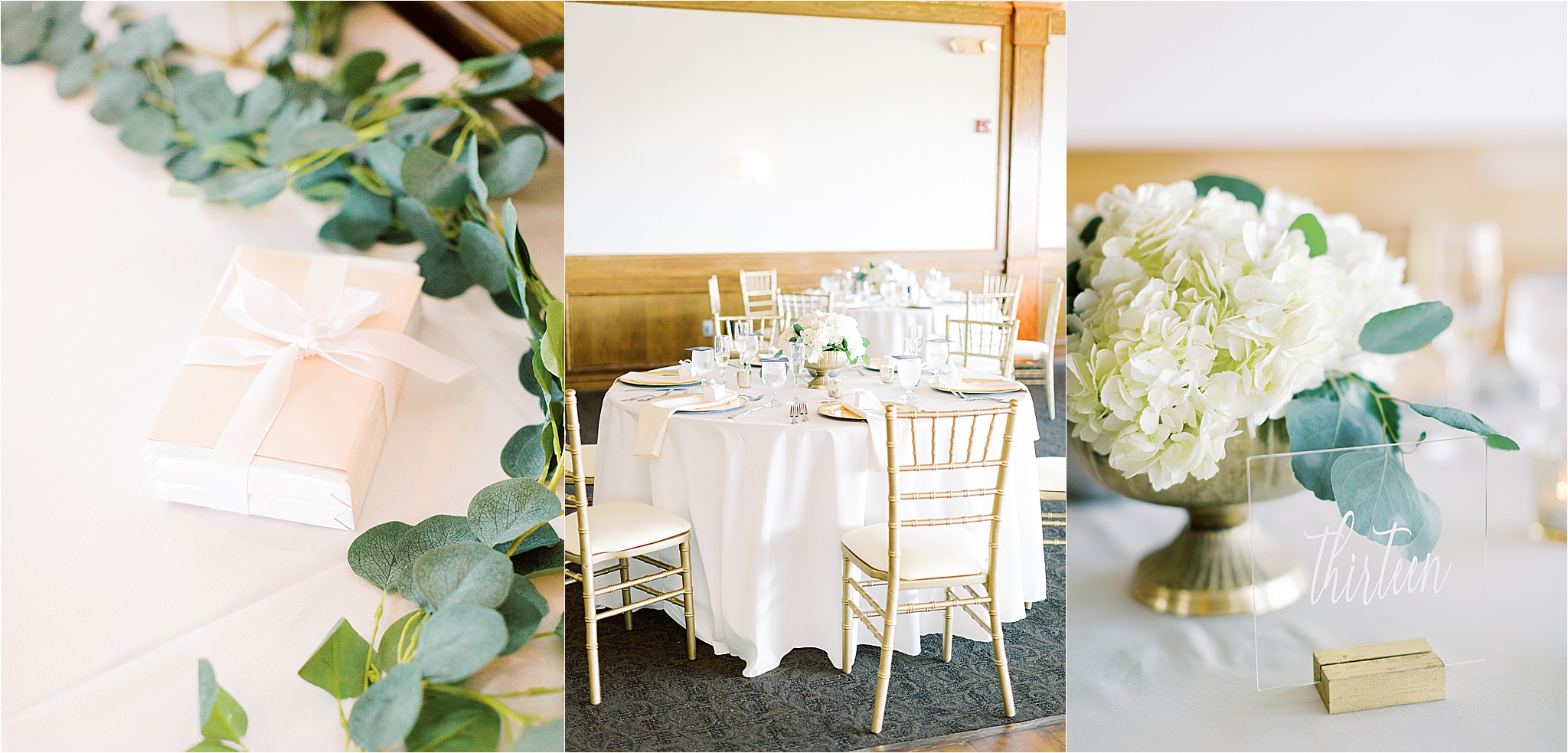 gold, white, and greenery details at cleveland wedding reception