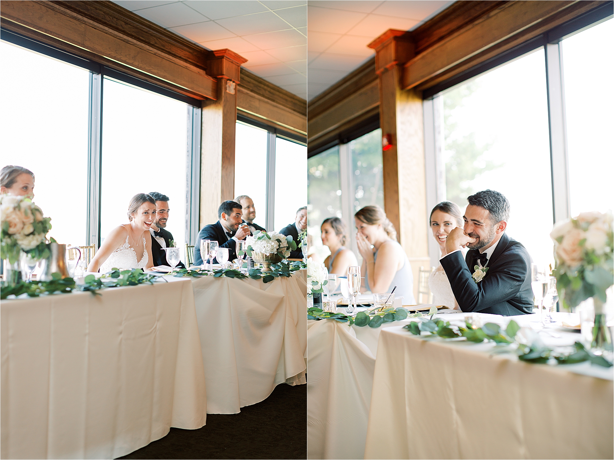 Bride and groom react to speeches at wedding