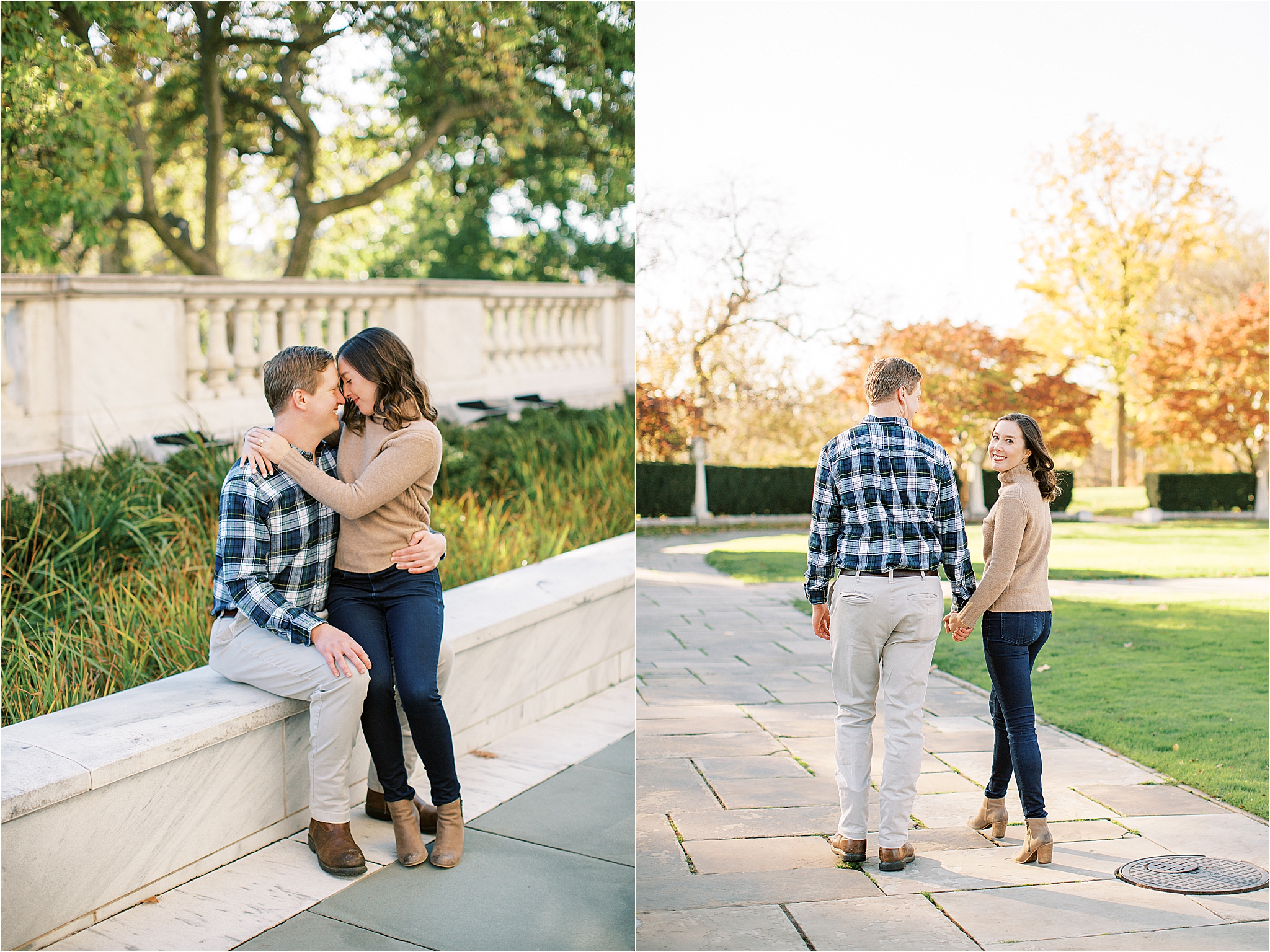 Couple snuggling up during Fall Engagement Session at the Cleveland Museum of Art