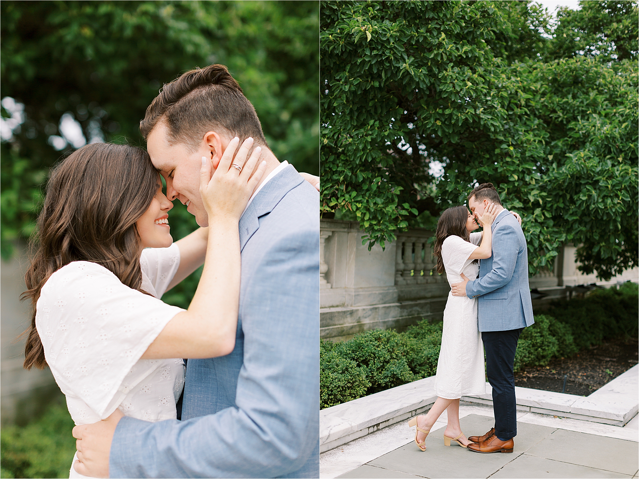 couple kissing at their engagement session at Cleveland Museum of Art
