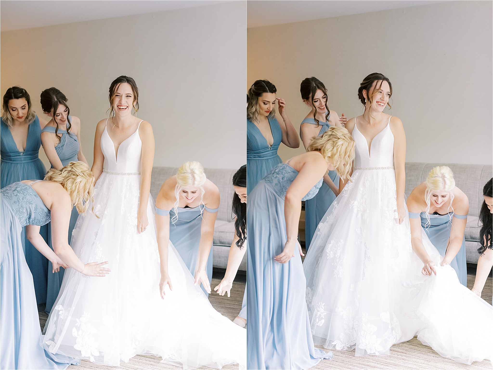 bridesmaids in dusty blue surrounding bride