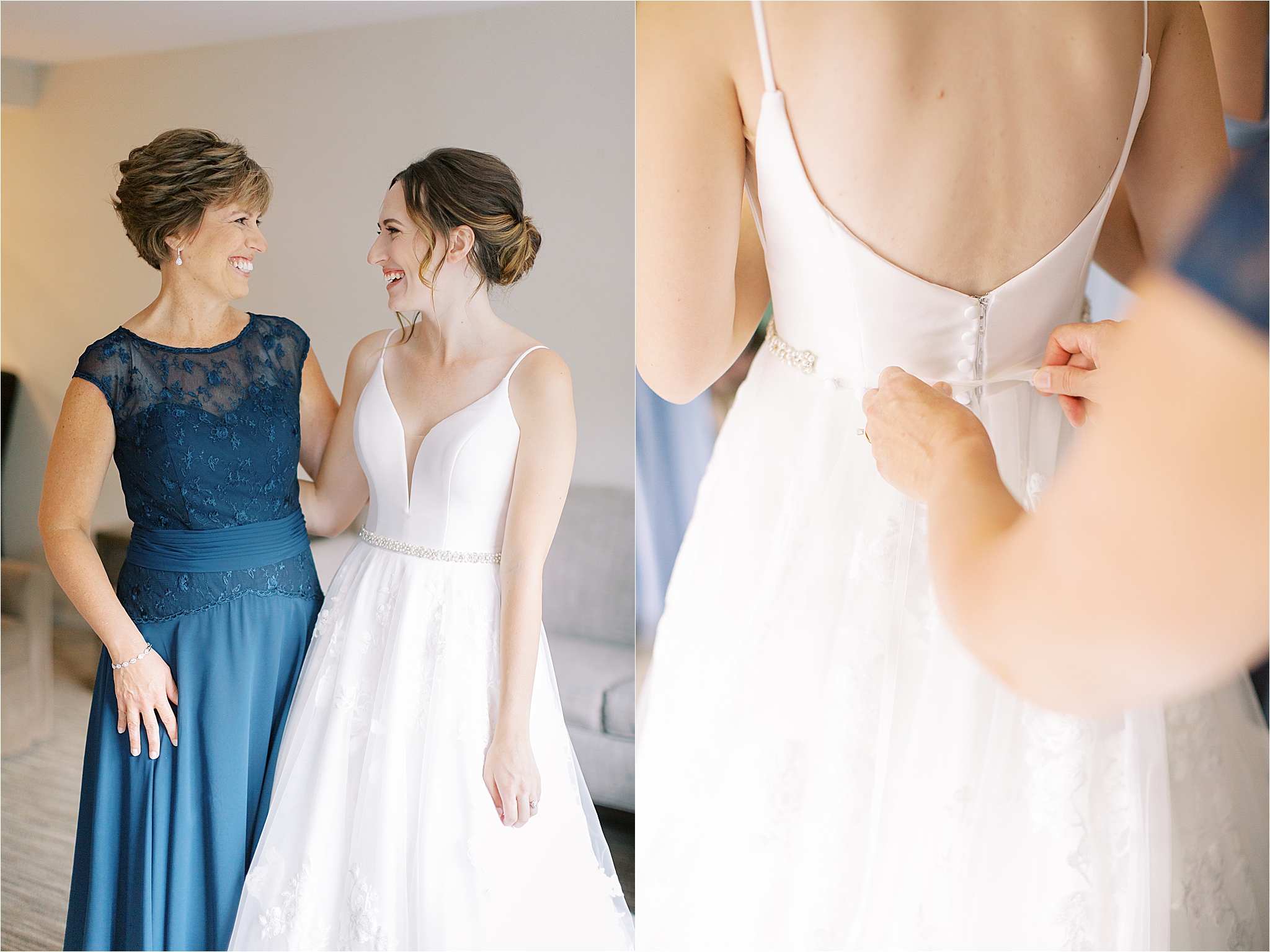 mother of the bride buttoning bridal dress 