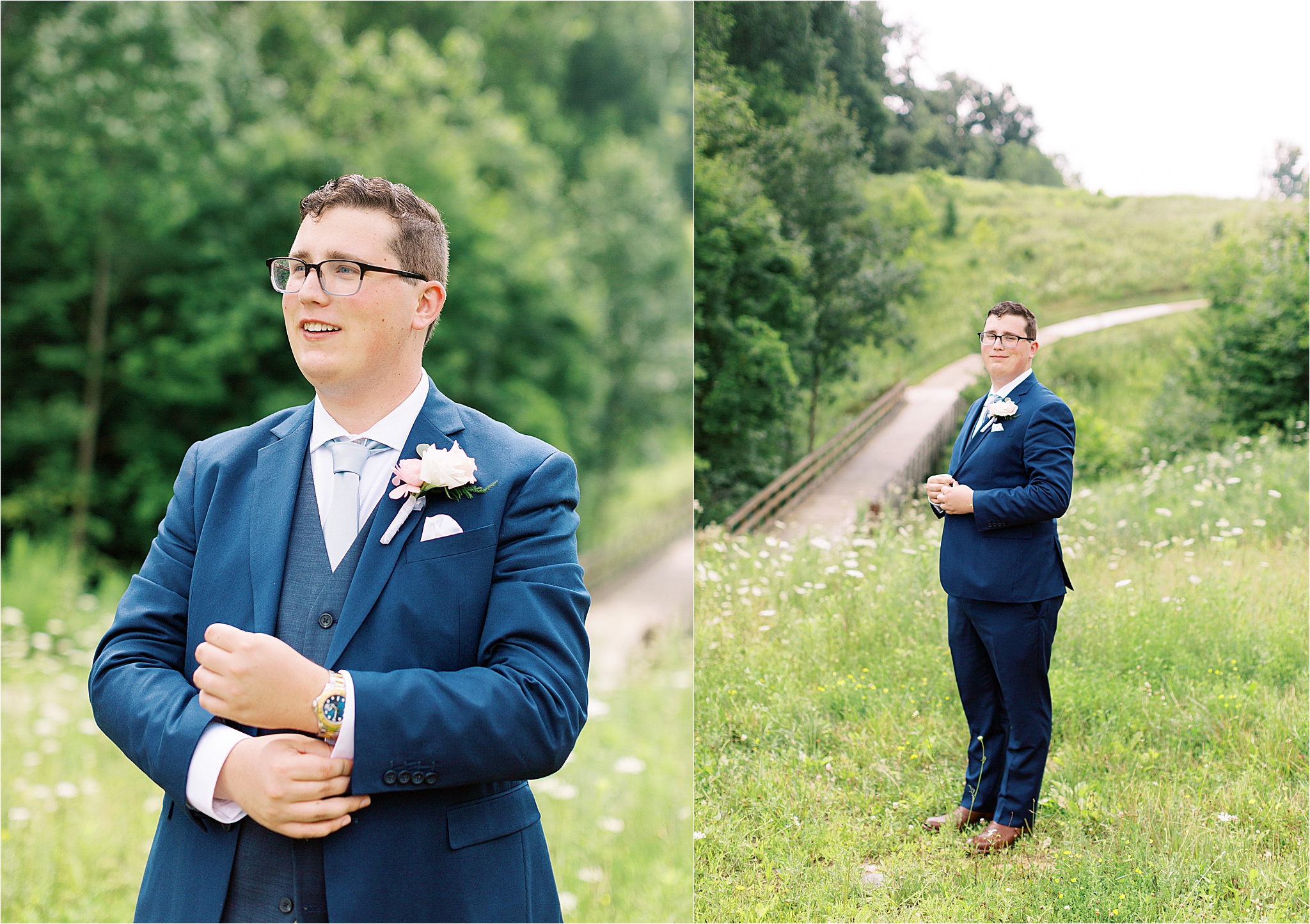 groom fixing cuff links in navy blue suit while in field