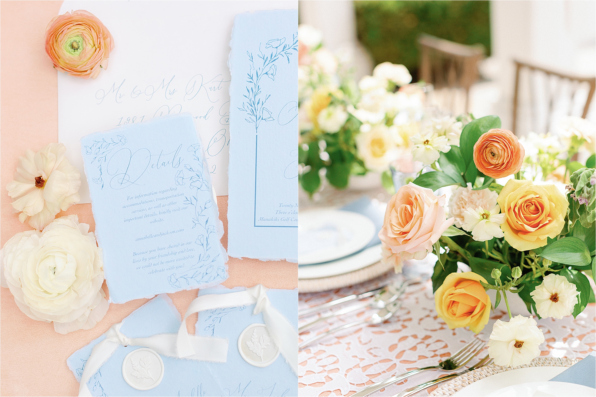 blue and peach wedding invitation and florals