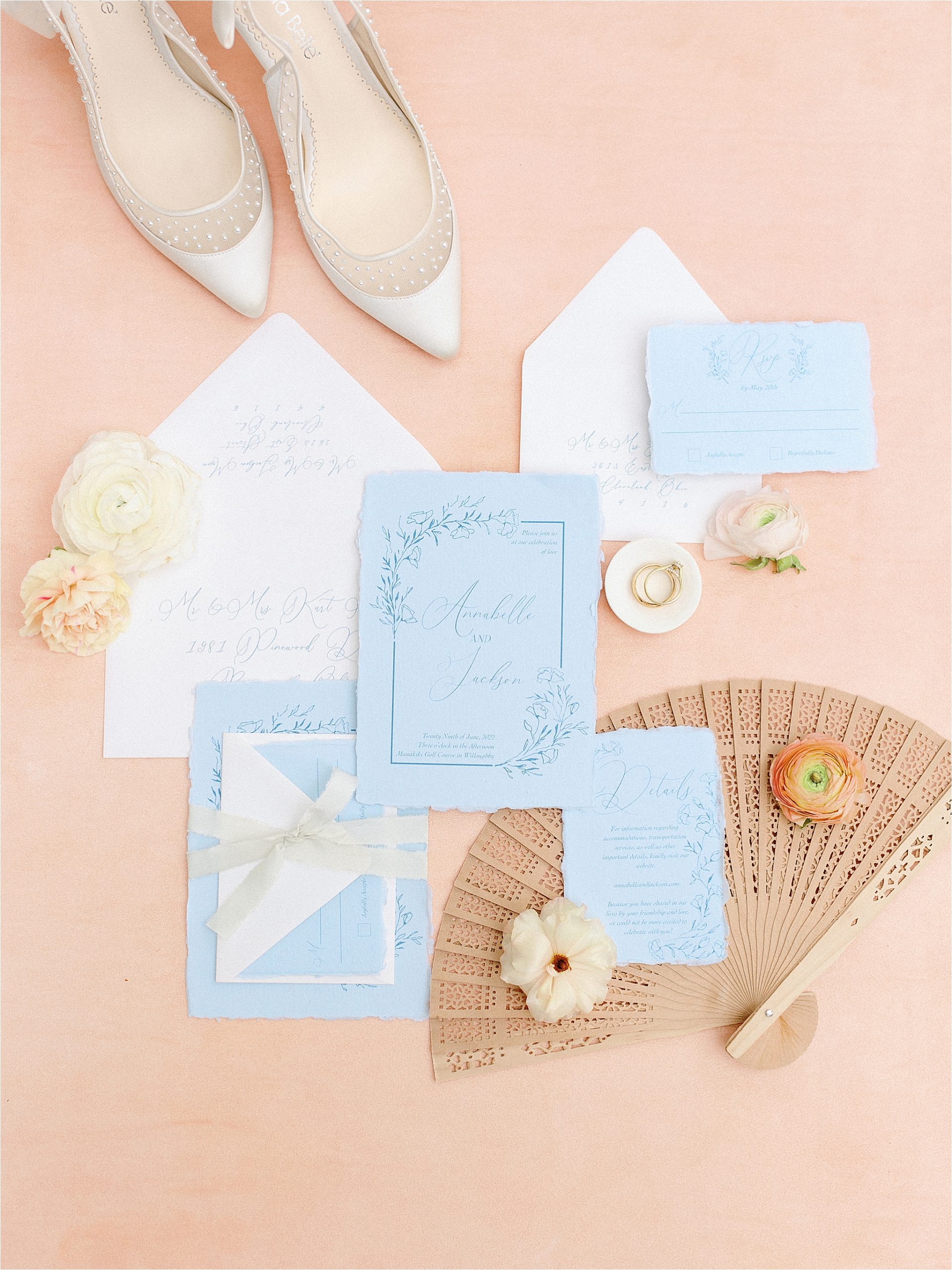 blue and white floral invitations with deckled edge