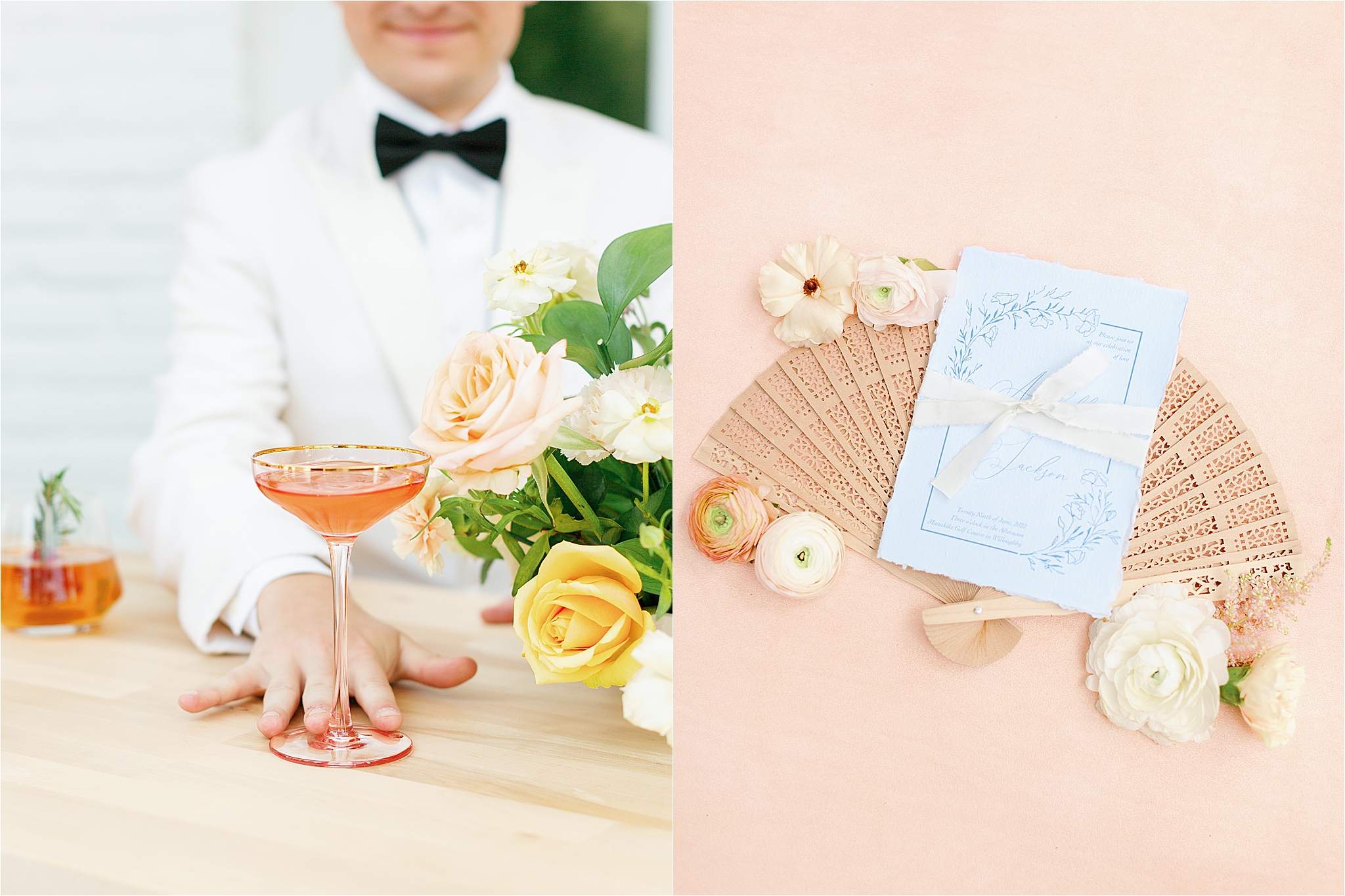 blue and peach wedding details