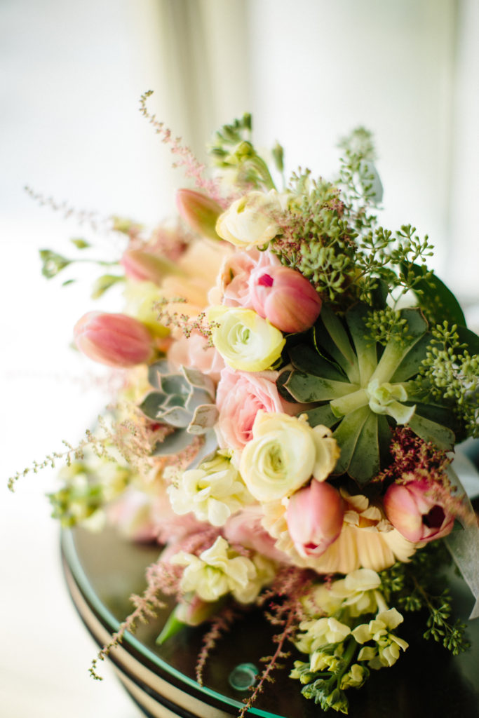 pink yellow and green succulent wedding bouquet