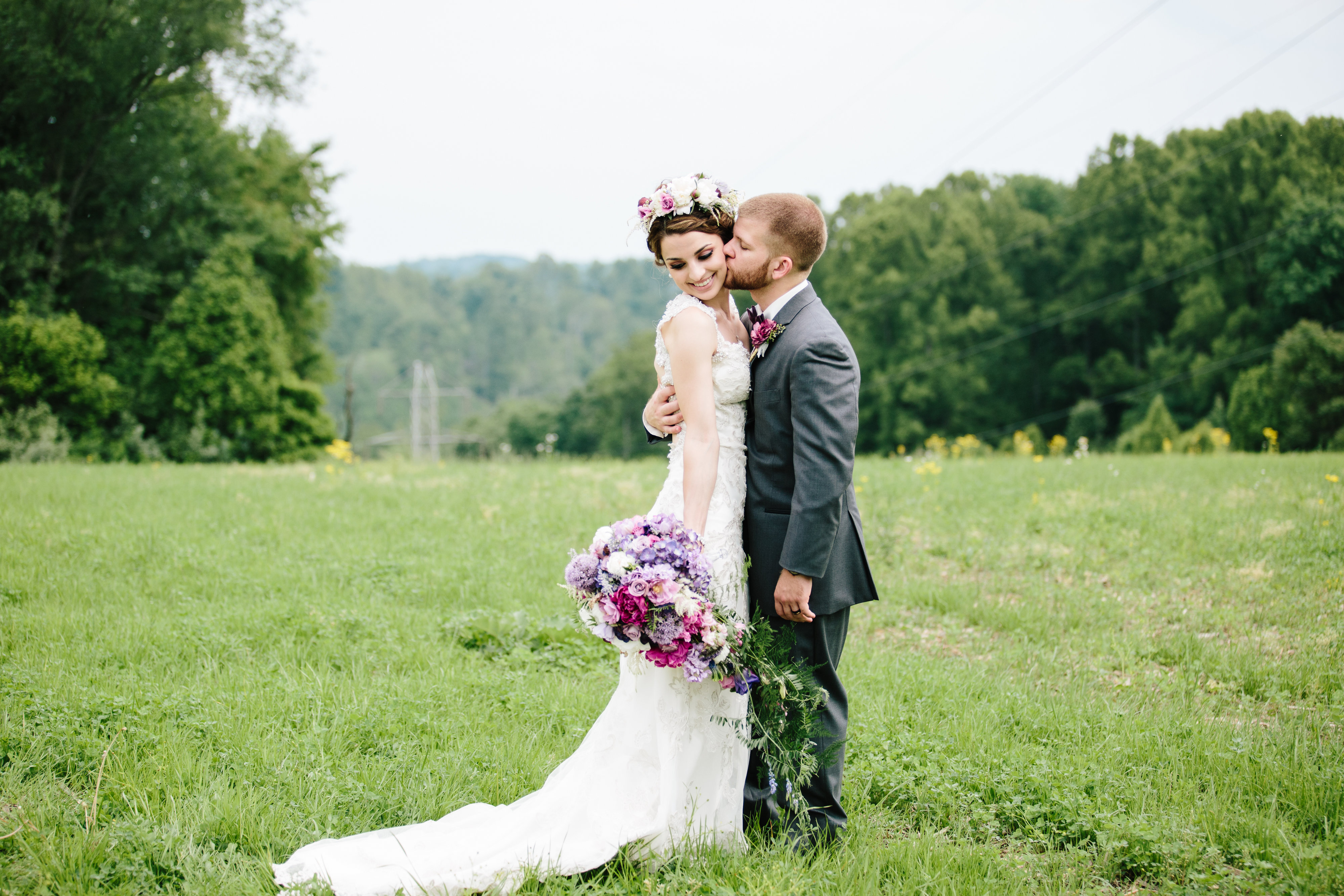 Whimsical field wedding bride wearing flower crown