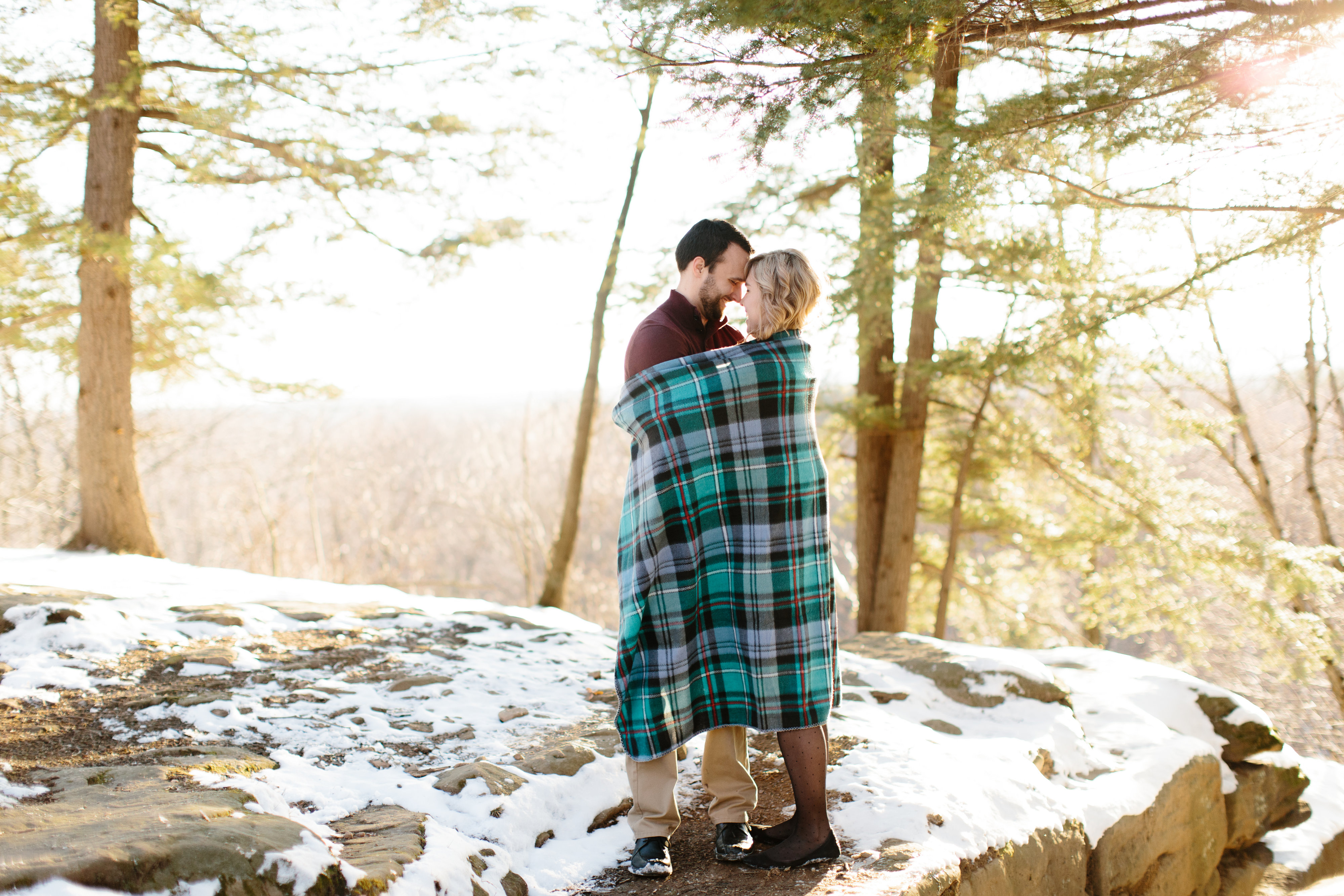 couple wrapped up in blanket during engagement session